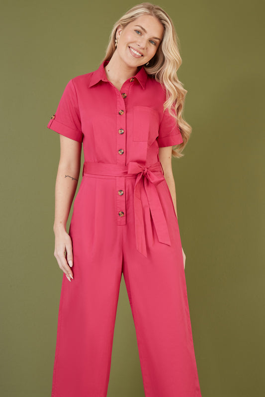 Yumi Pink Viscose Twill Button Up Utility Style Jumpsuit Yumi