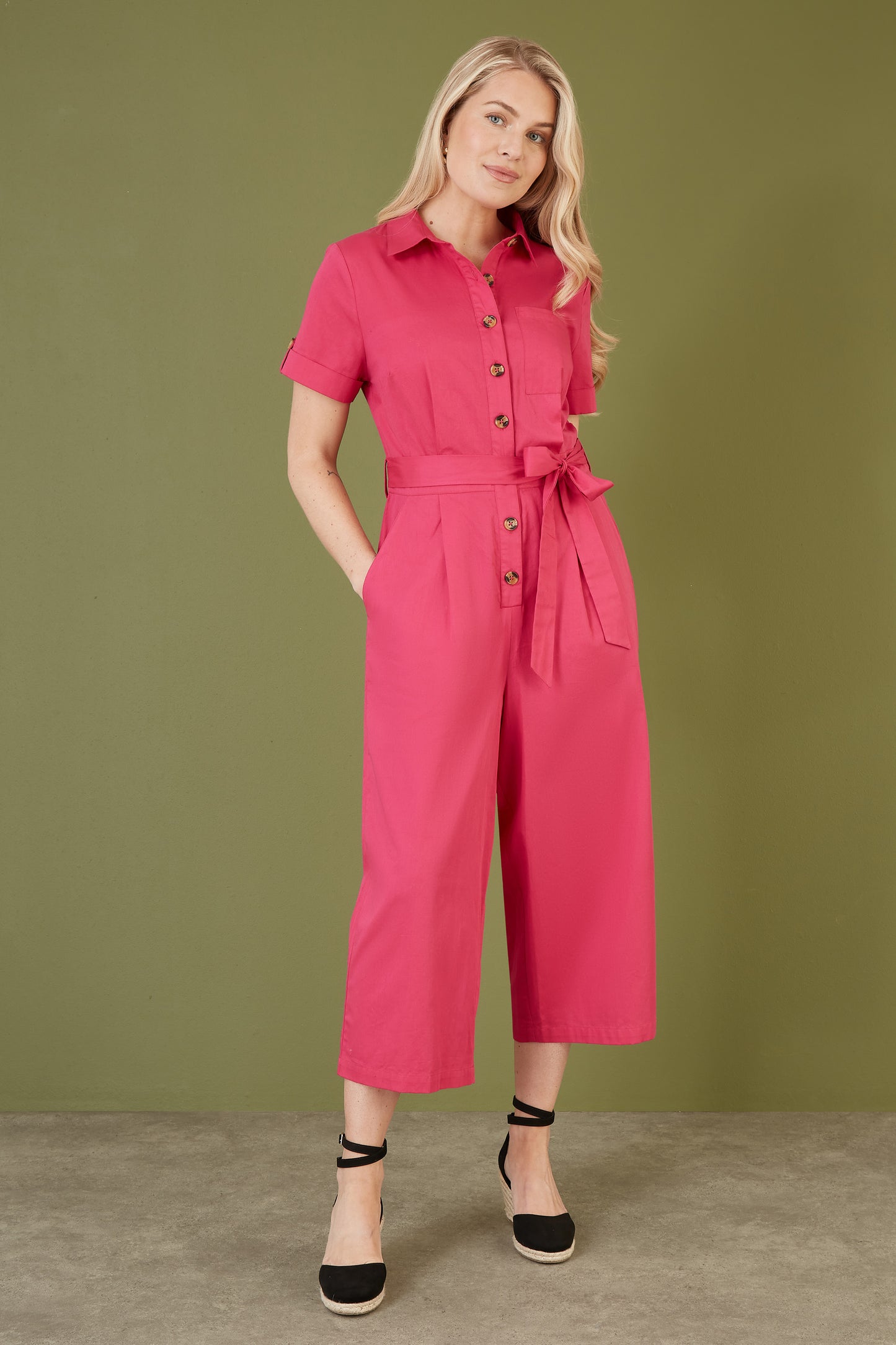 Yumi Pink Viscose Twill Button Up Utility Style Jumpsuit