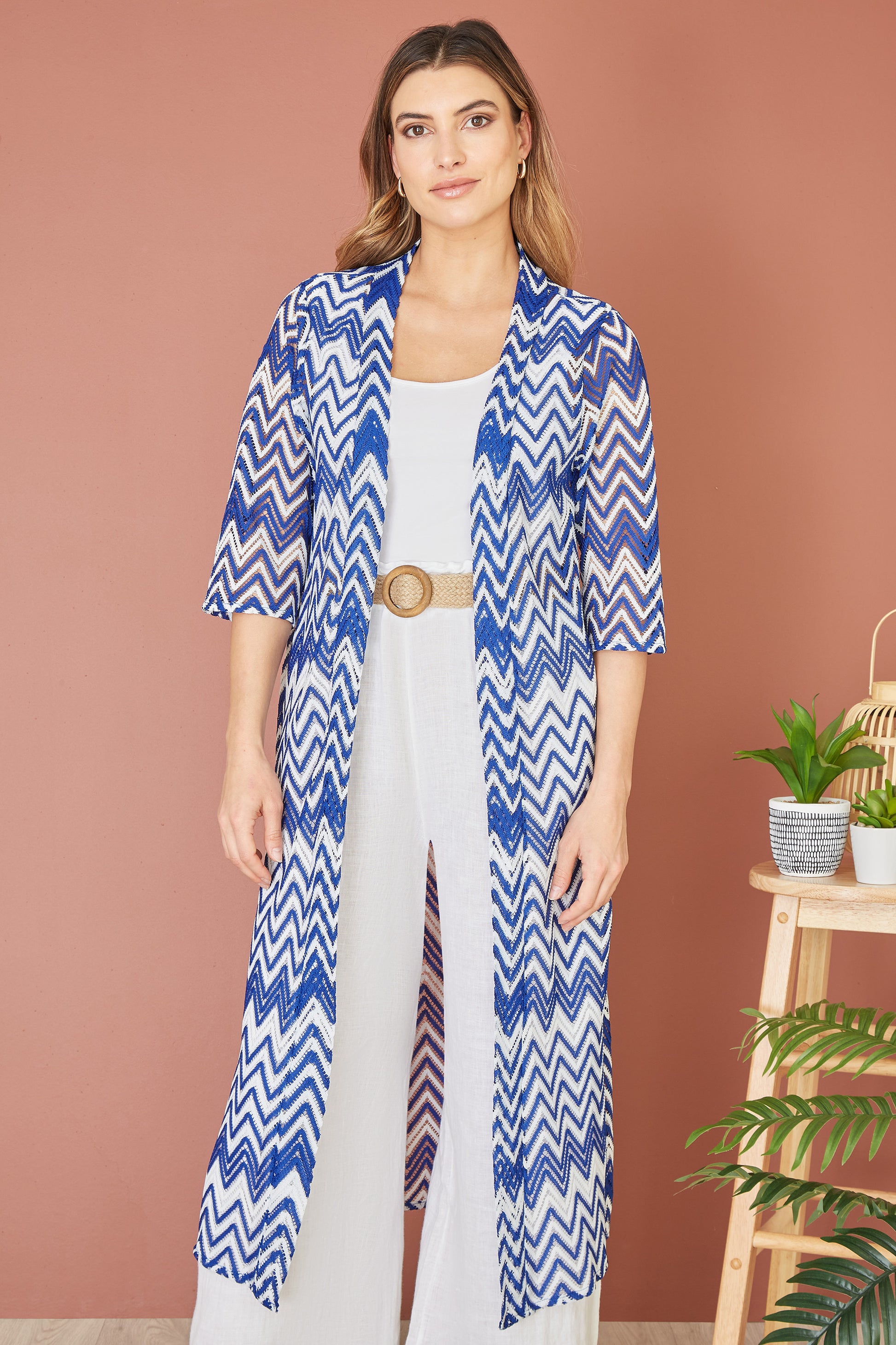 Yumi Blue Zig Zag Crochet Long Knitted Kimono Kimono Yumi