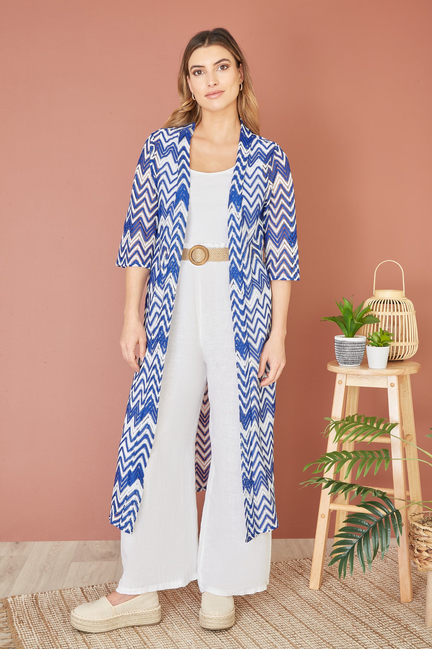 Yumi Blue Zig Zag Crochet Long Knitted Kimono Kimono Yumi