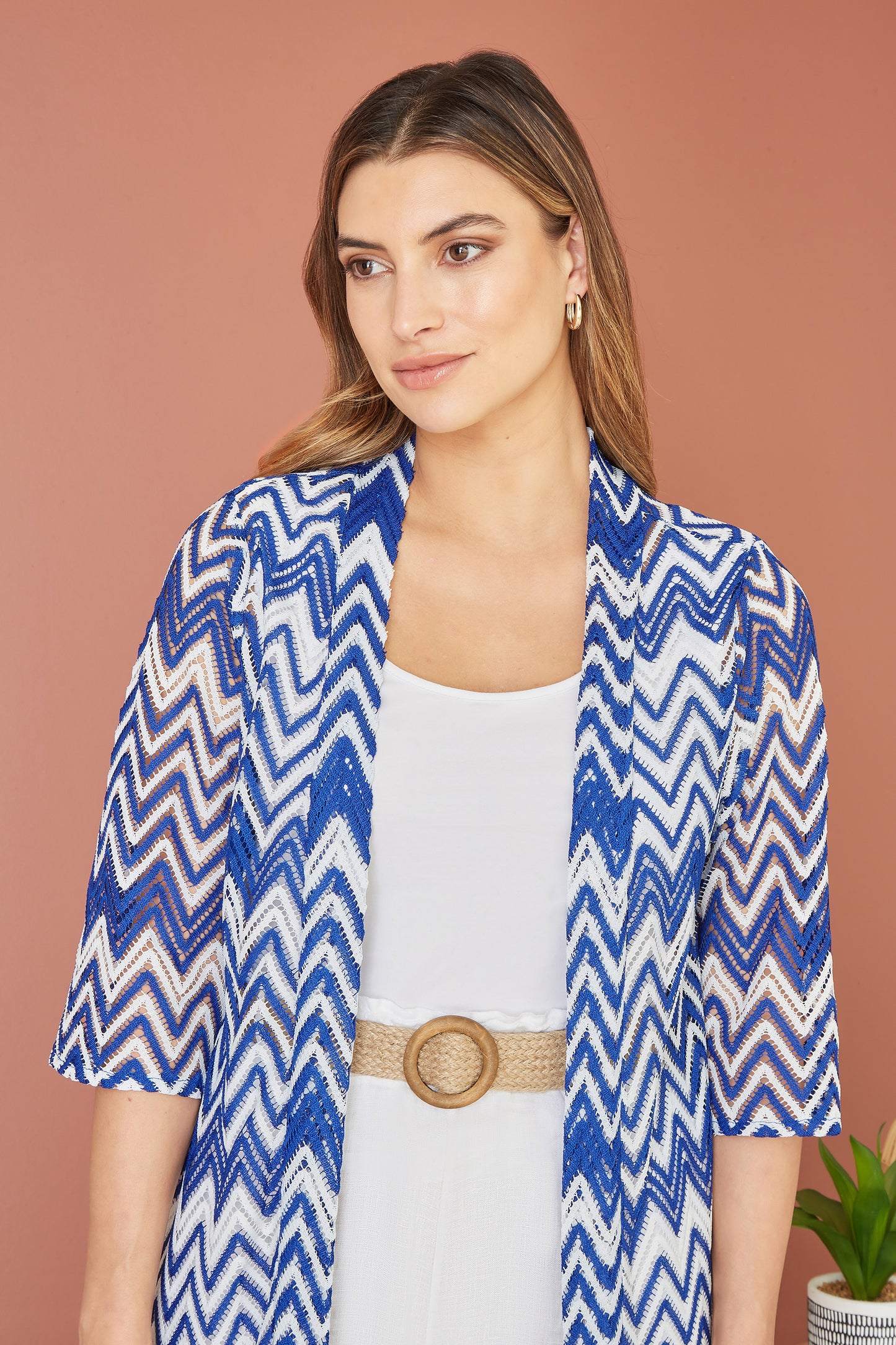 Yumi Blue Zig Zag Crochet Long Knitted Kimono Kimono Yumi