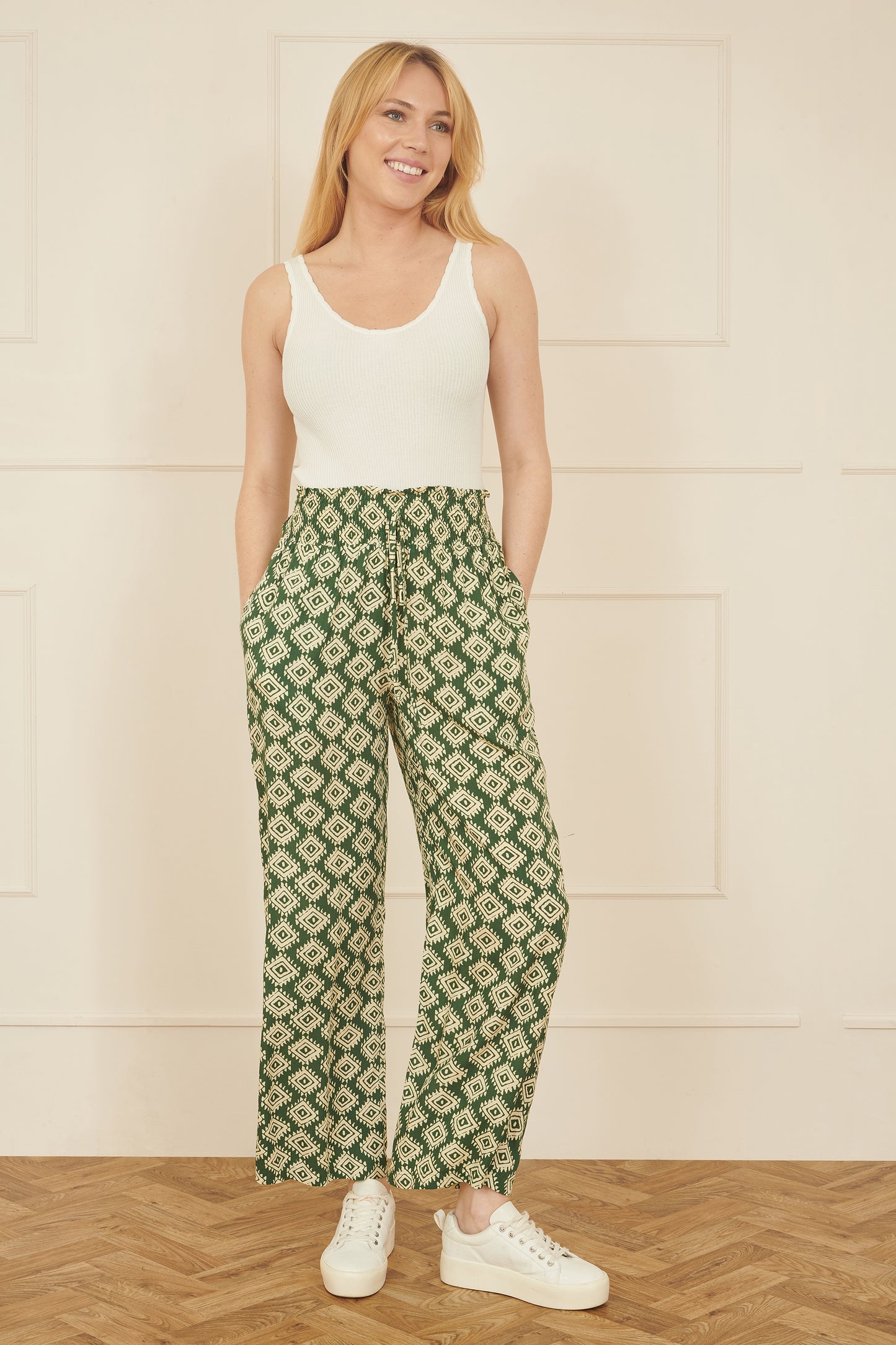 Yumi Green Geo Print Relaxed Fit Trousers TROUSER Yumi