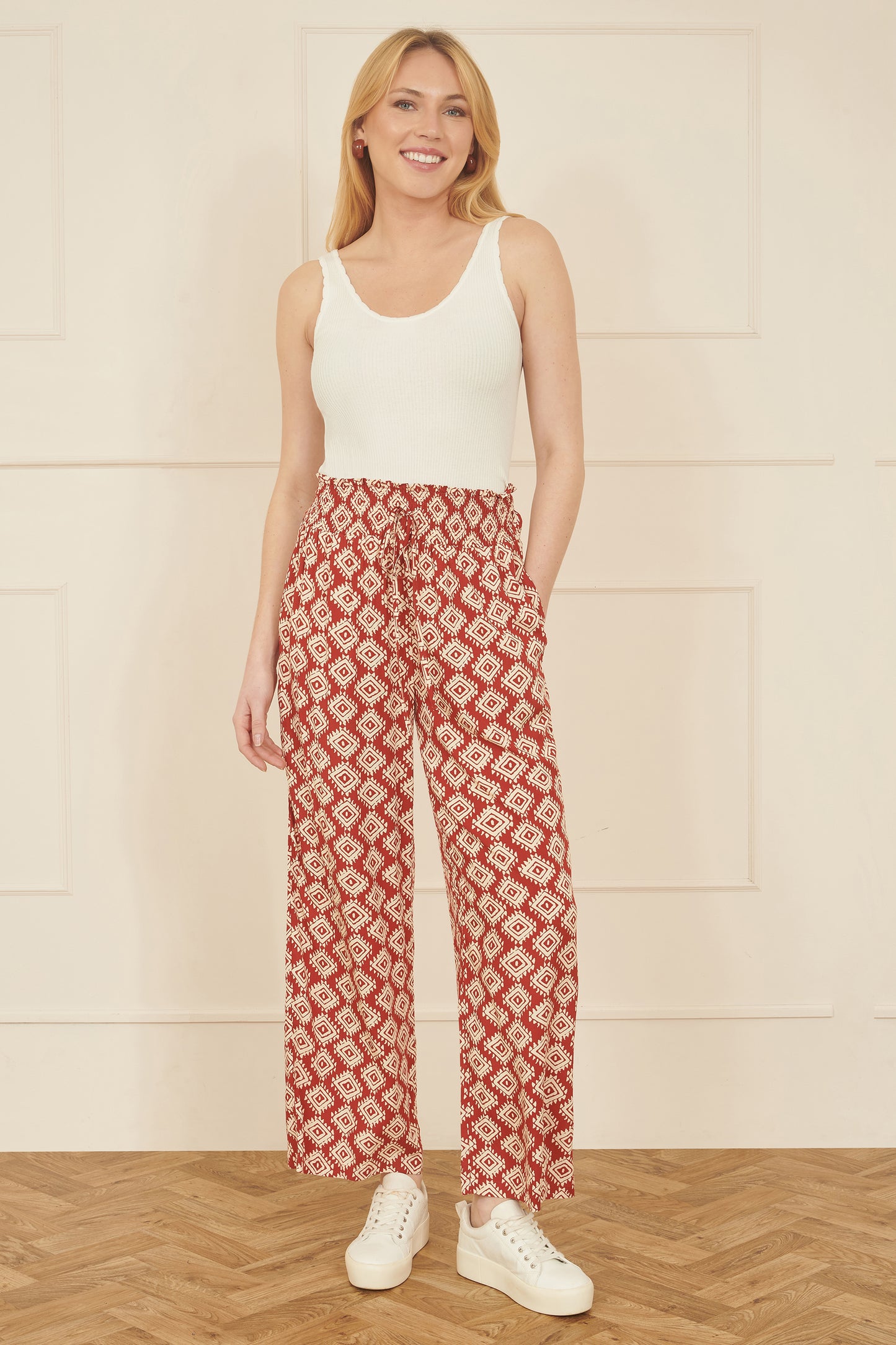 Yumi Red Geo Print Relaxed Fit Trousers TROUSER Yumi