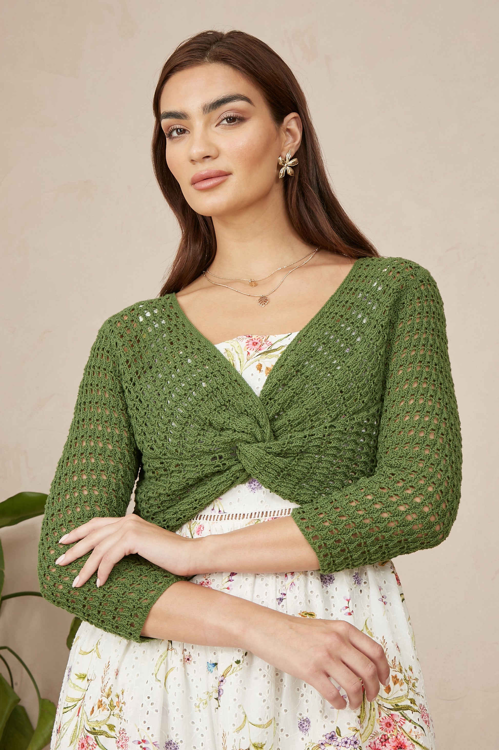 Yumi Green Cotton Crochet Twisted Bolero Top KNIT Cardi Yumi