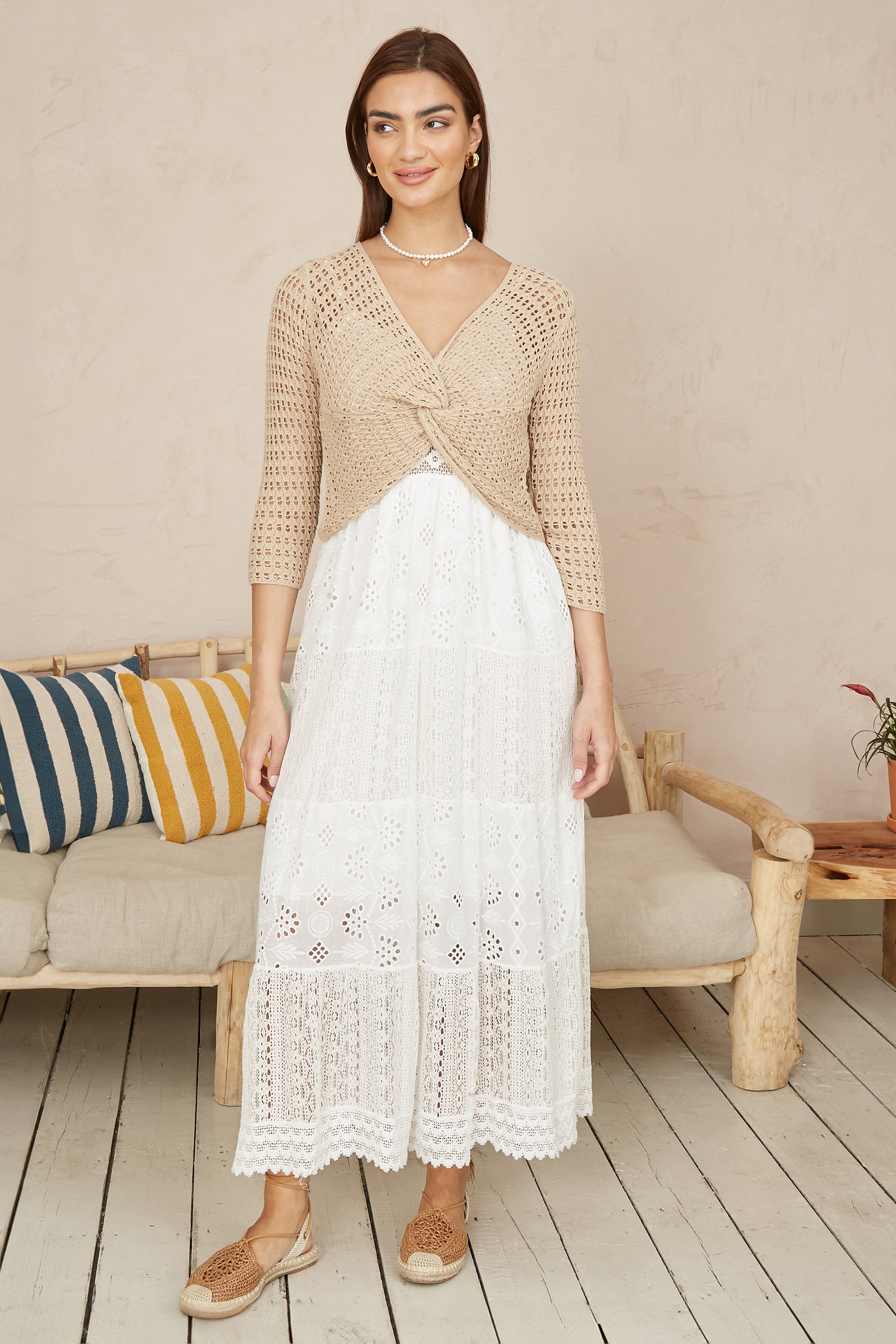 Yumi Beige Cotton Crochet Knitted Top KNIT Cardi Yumi