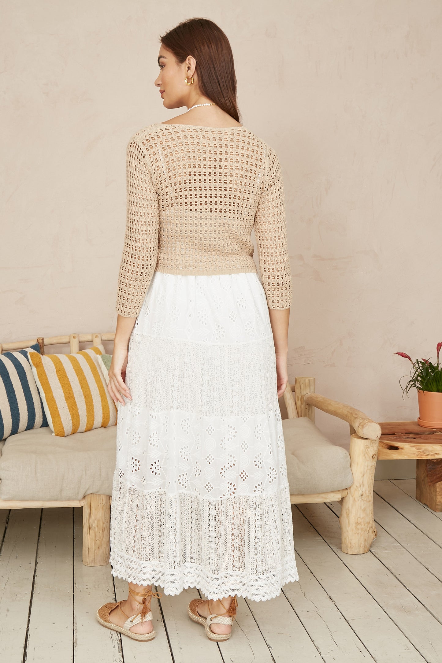 Yumi Beige Cotton Crochet Knitted Top KNIT Cardi Yumi