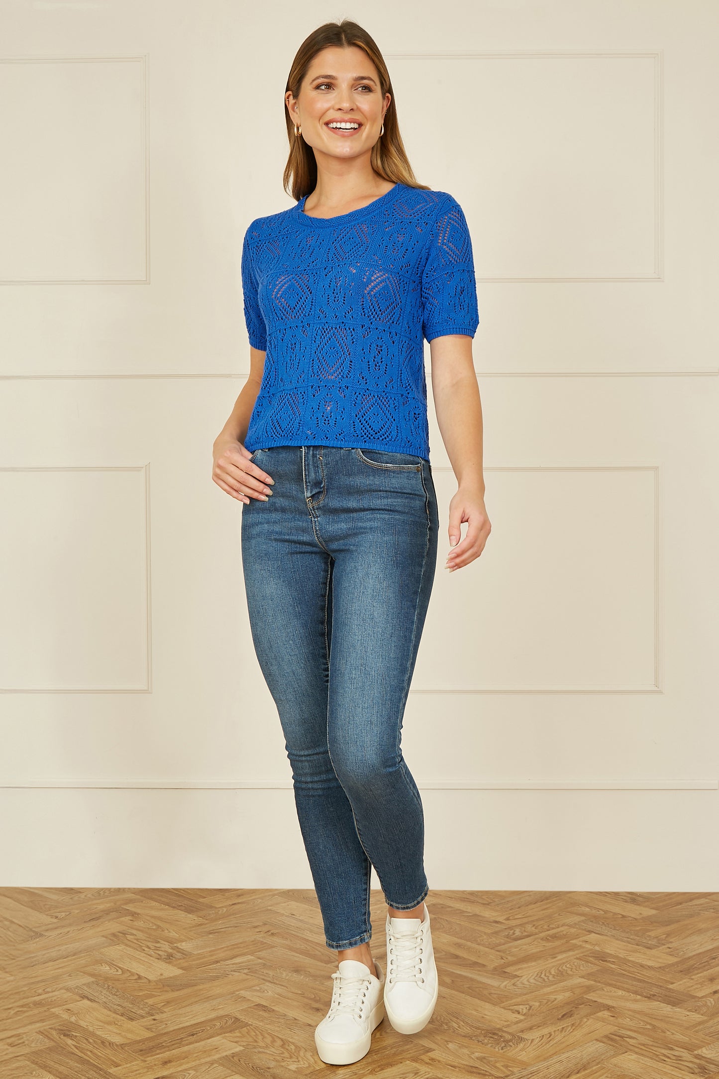 Yumi Blue Cotton Crochet Knitted Top Knit Top Yumi