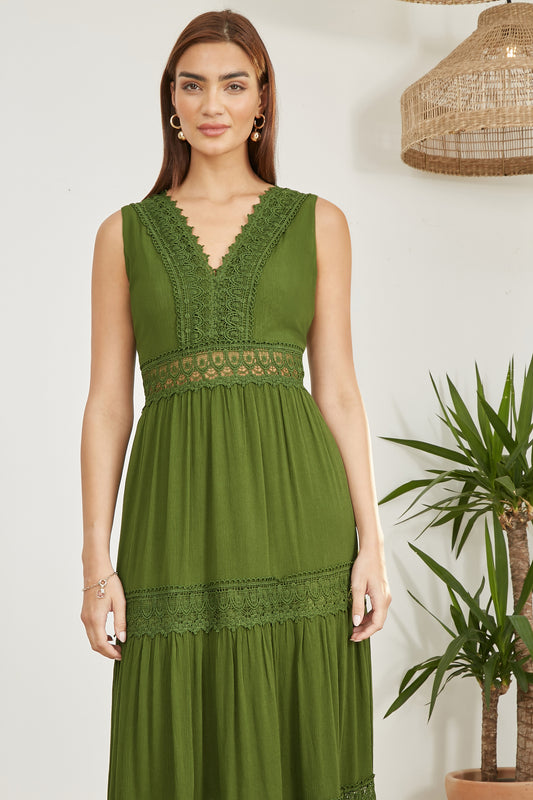 Yumi Green Lace Trim Cotton Midi Sun Dress DRES Day Yumi