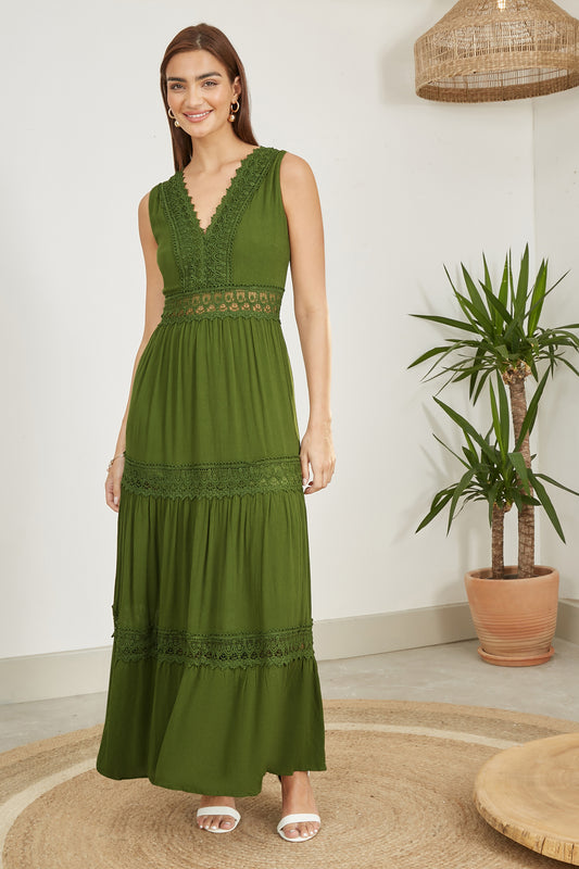 Yumi Green Lace Trim Cotton Midi Sun Dress DRES Day Yumi