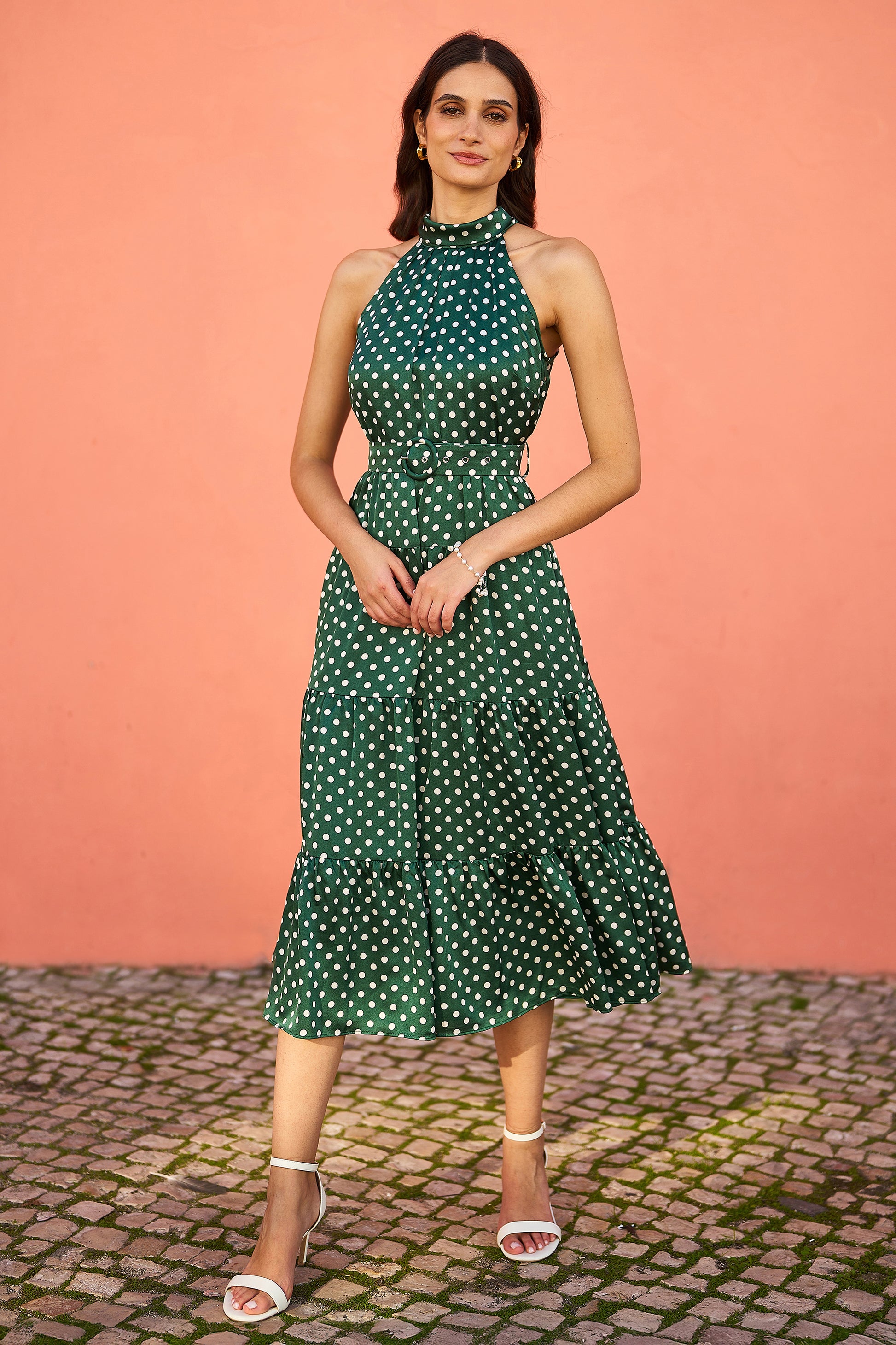 Yumi Green Spot Print Halter Midi Dress With Matching Belt Occasionwear Yumi