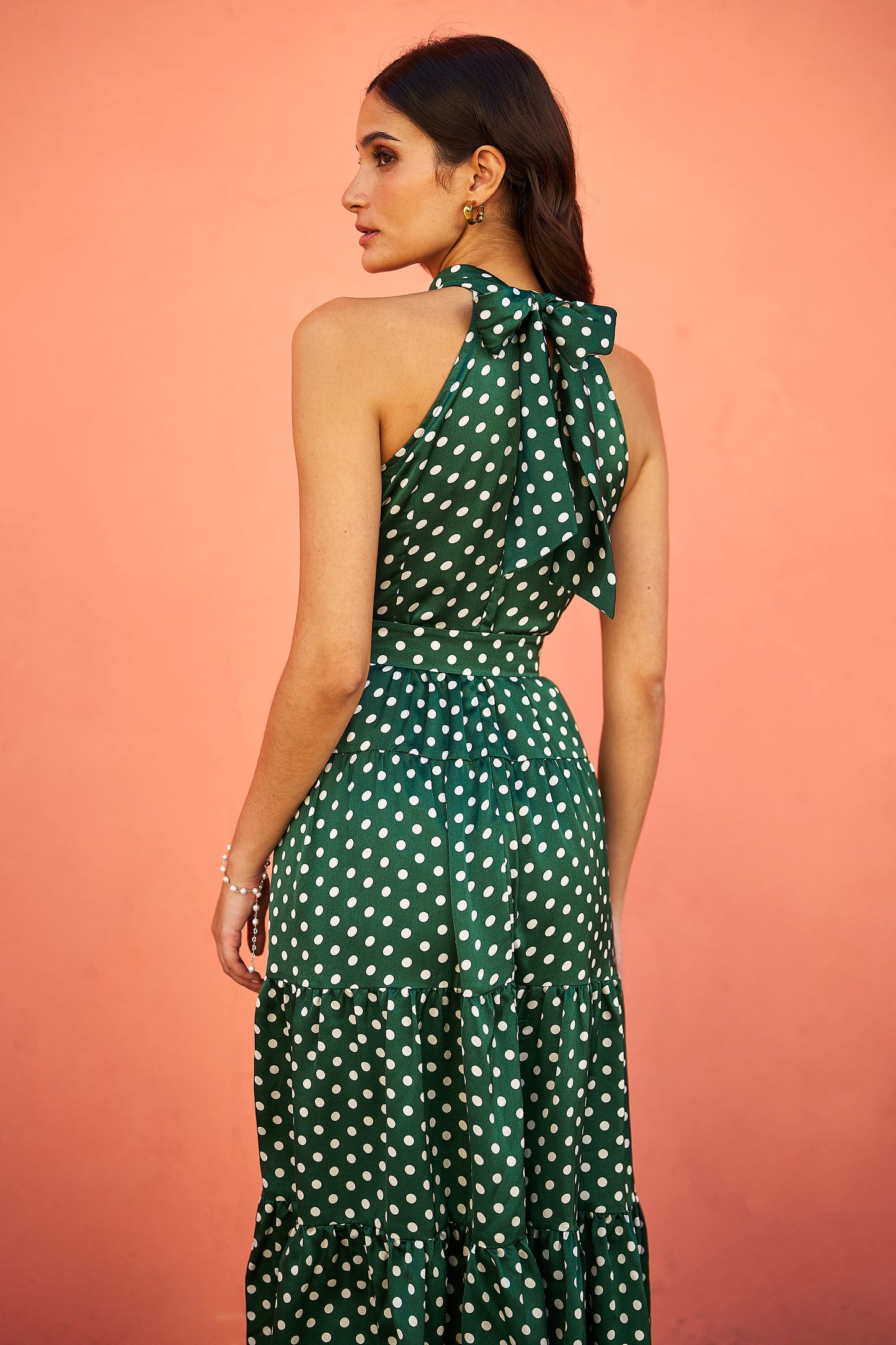 Yumi Green Spot Print Halter Midi Dress With Matching Belt Occasionwear Yumi