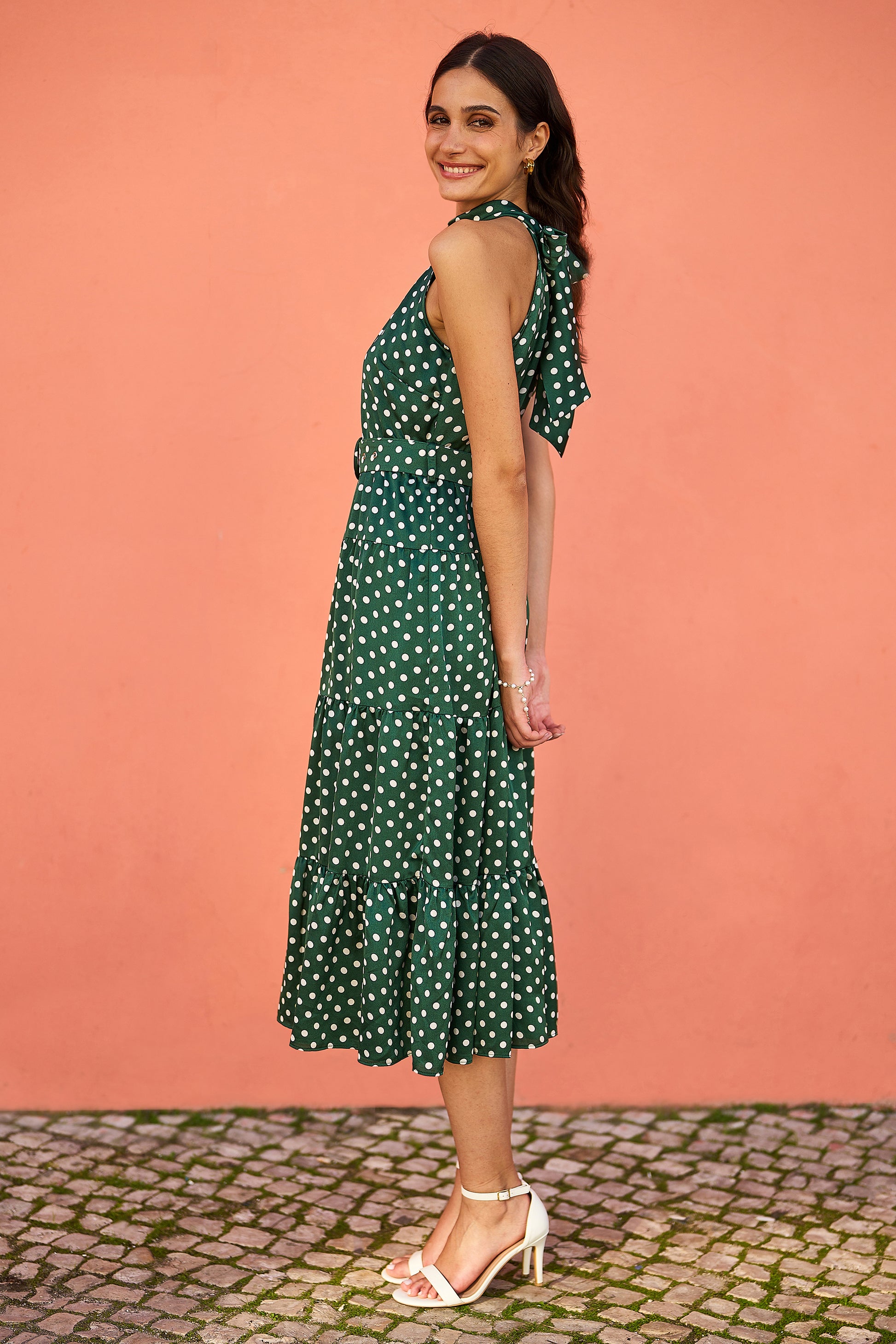 Yumi Green Spot Print Halter Midi Dress With Matching Belt Occasionwear Yumi