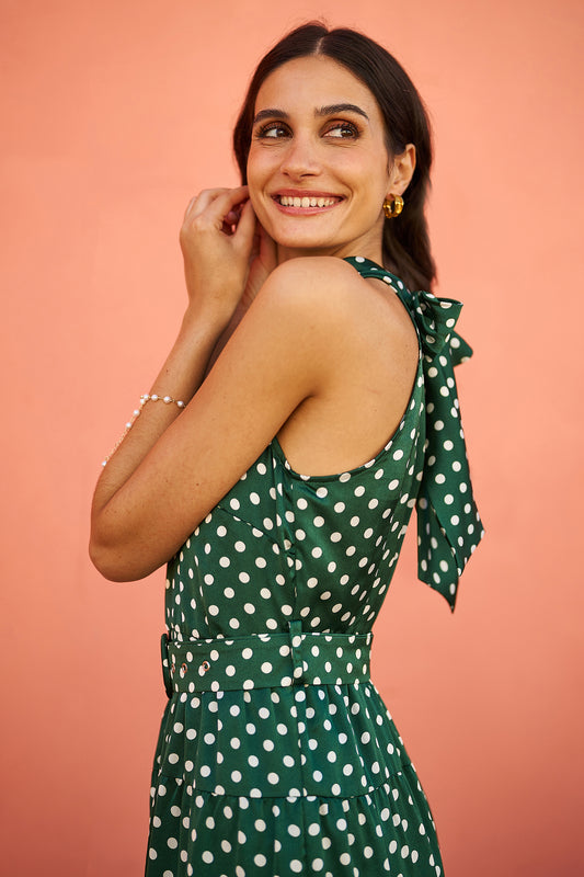 Yumi Green Spot Print Halter Midi Dress With Matching Belt Occasionwear Yumi