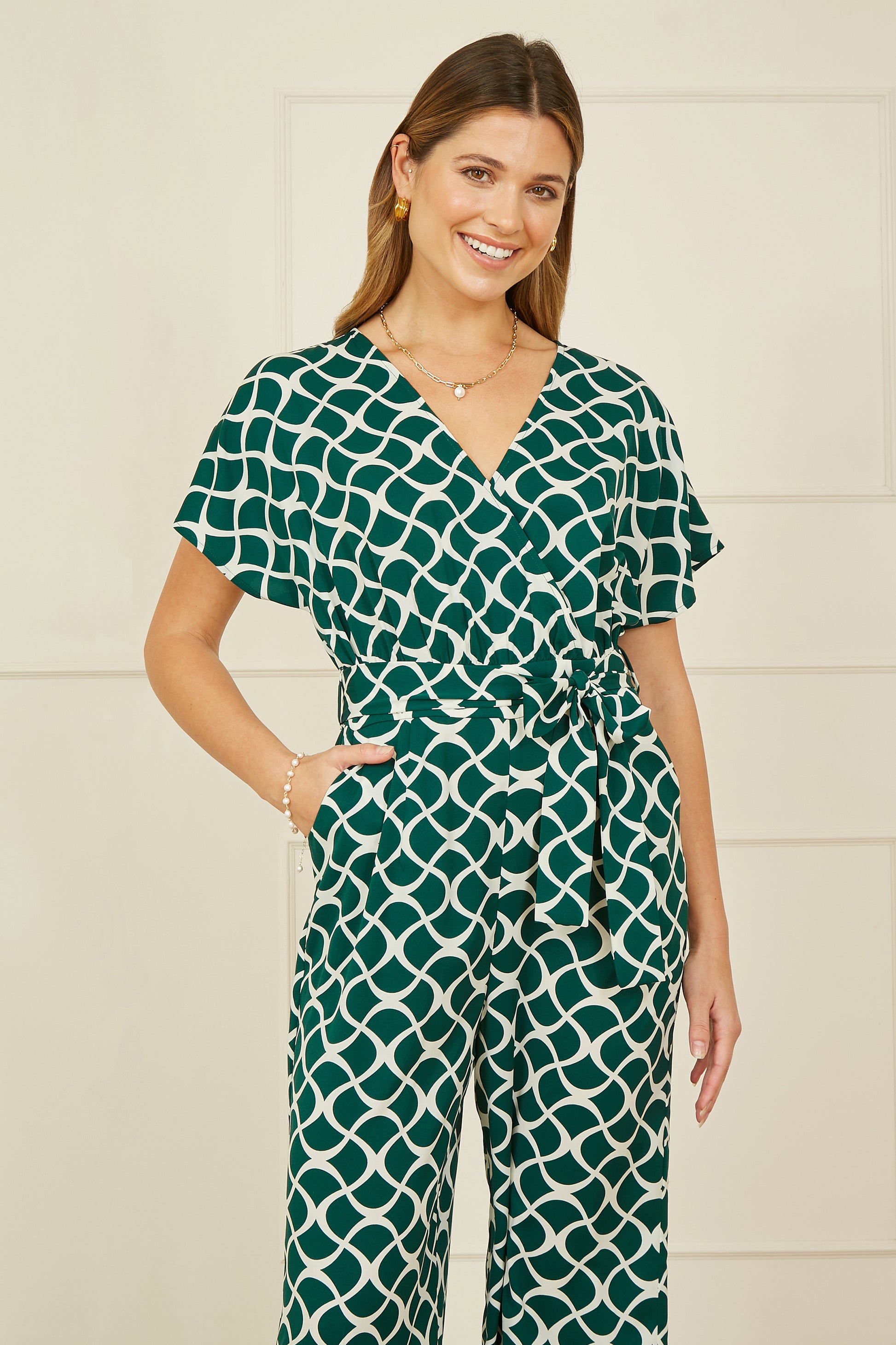 Yumi Green Geometric Print Wrap Jumpsuit JUMPSUIT Yumi