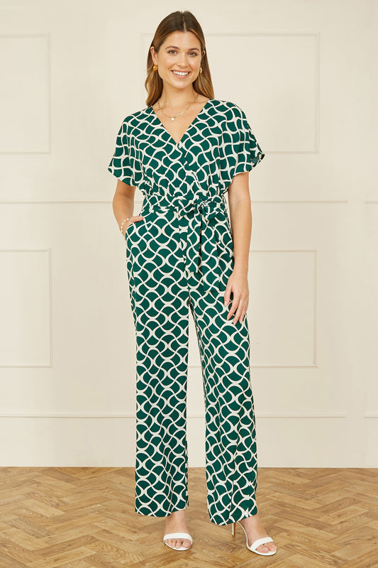 Yumi Green Geometric Print Wrap Jumpsuit JUMPSUIT Yumi