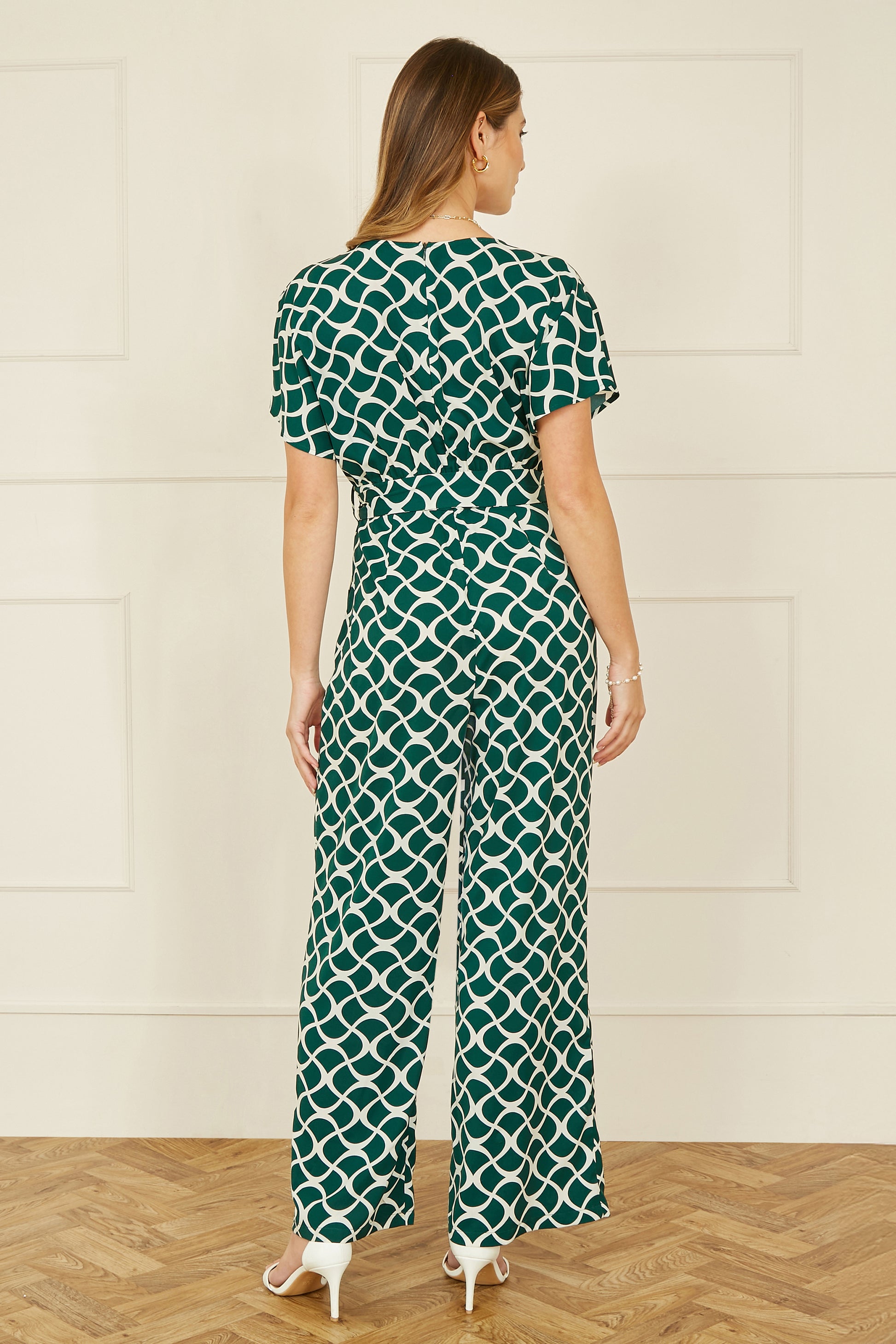 Yumi Green Geometric Print Wrap Jumpsuit JUMPSUIT Yumi