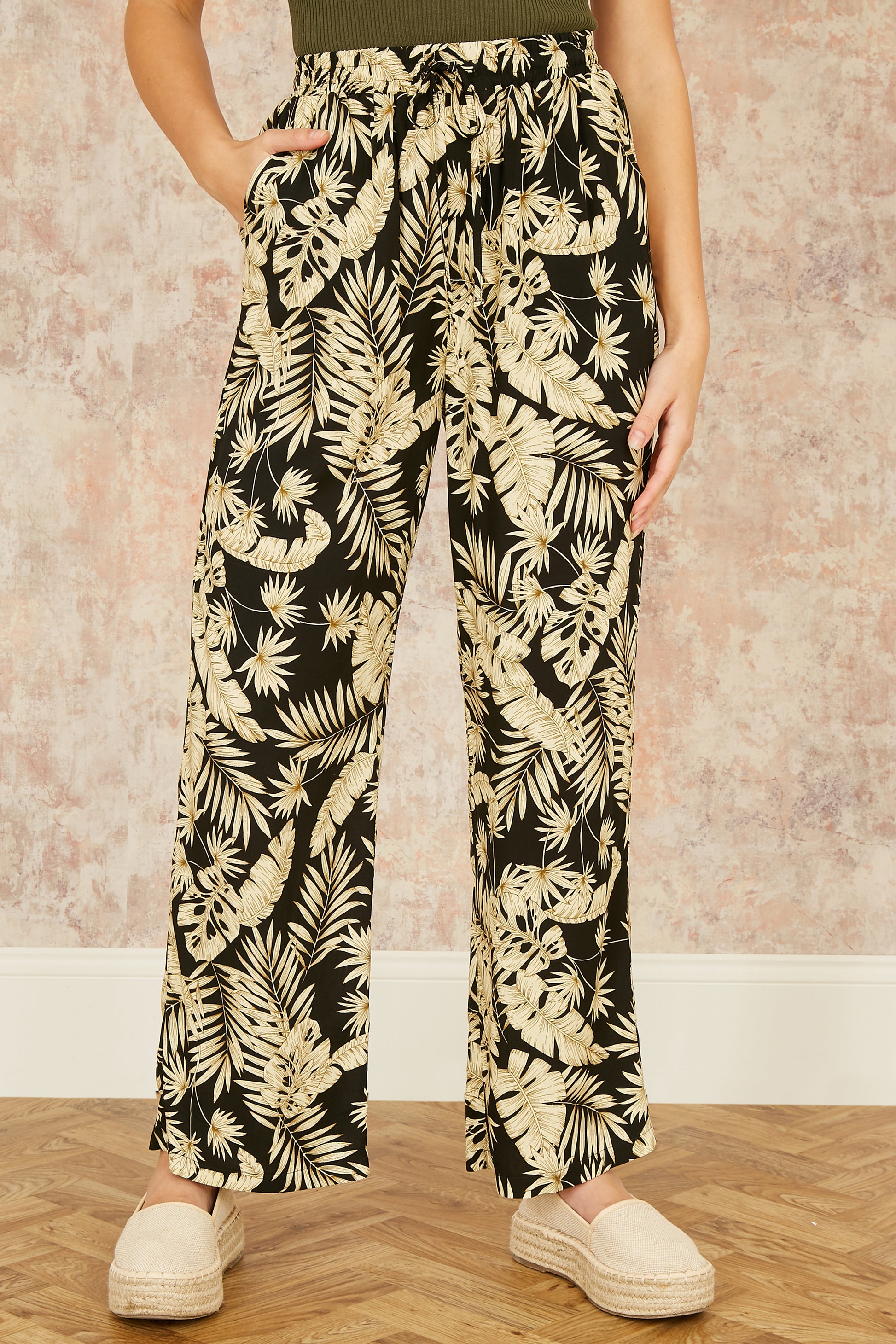 Yumi Black Fern Print Relaxed Fit Trousers TROUSER Yumi