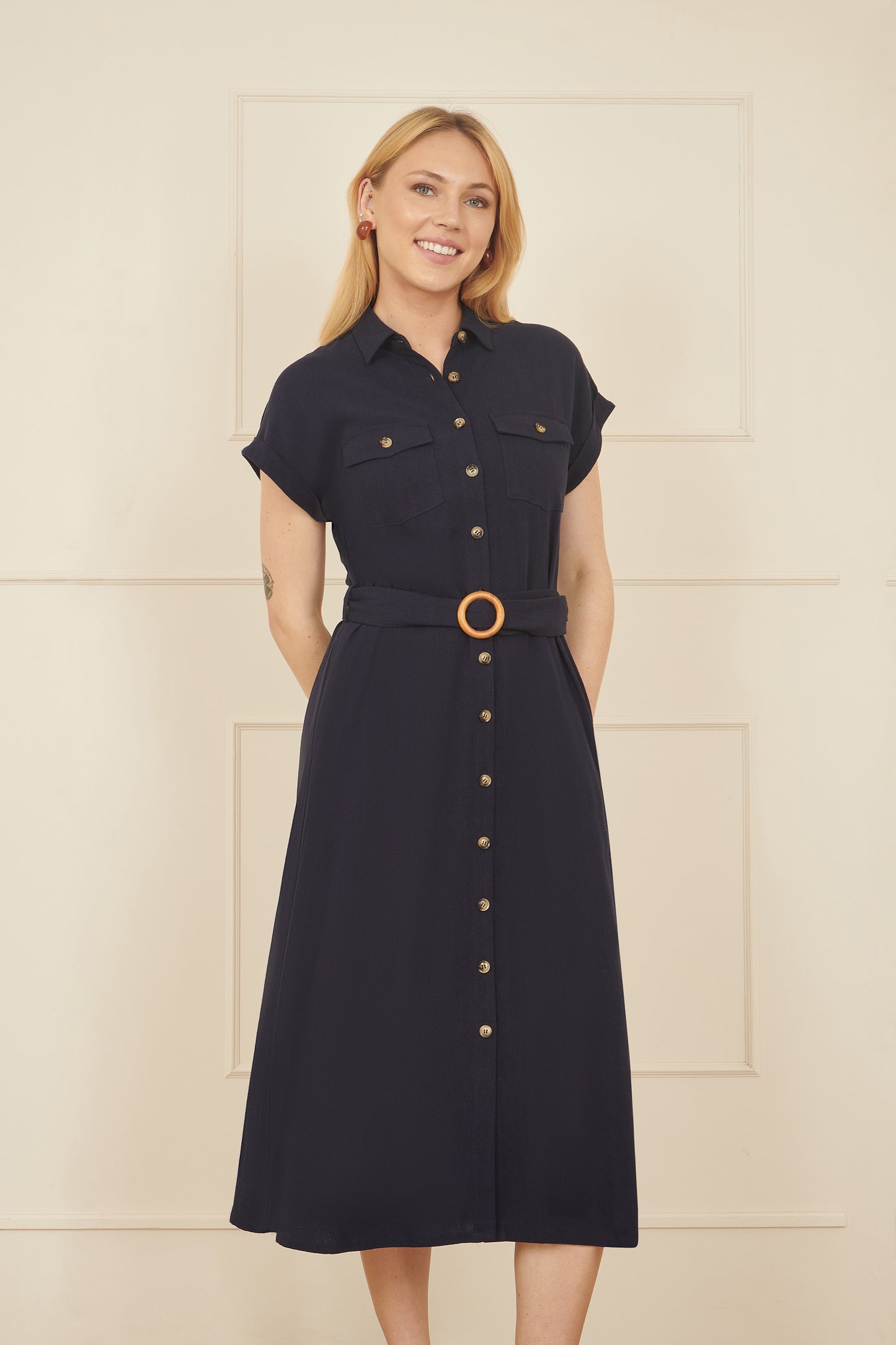 Yumi Navy Viscose Linen Look Midi Shirt Dress With Wooden Belt DRES Day Yumi