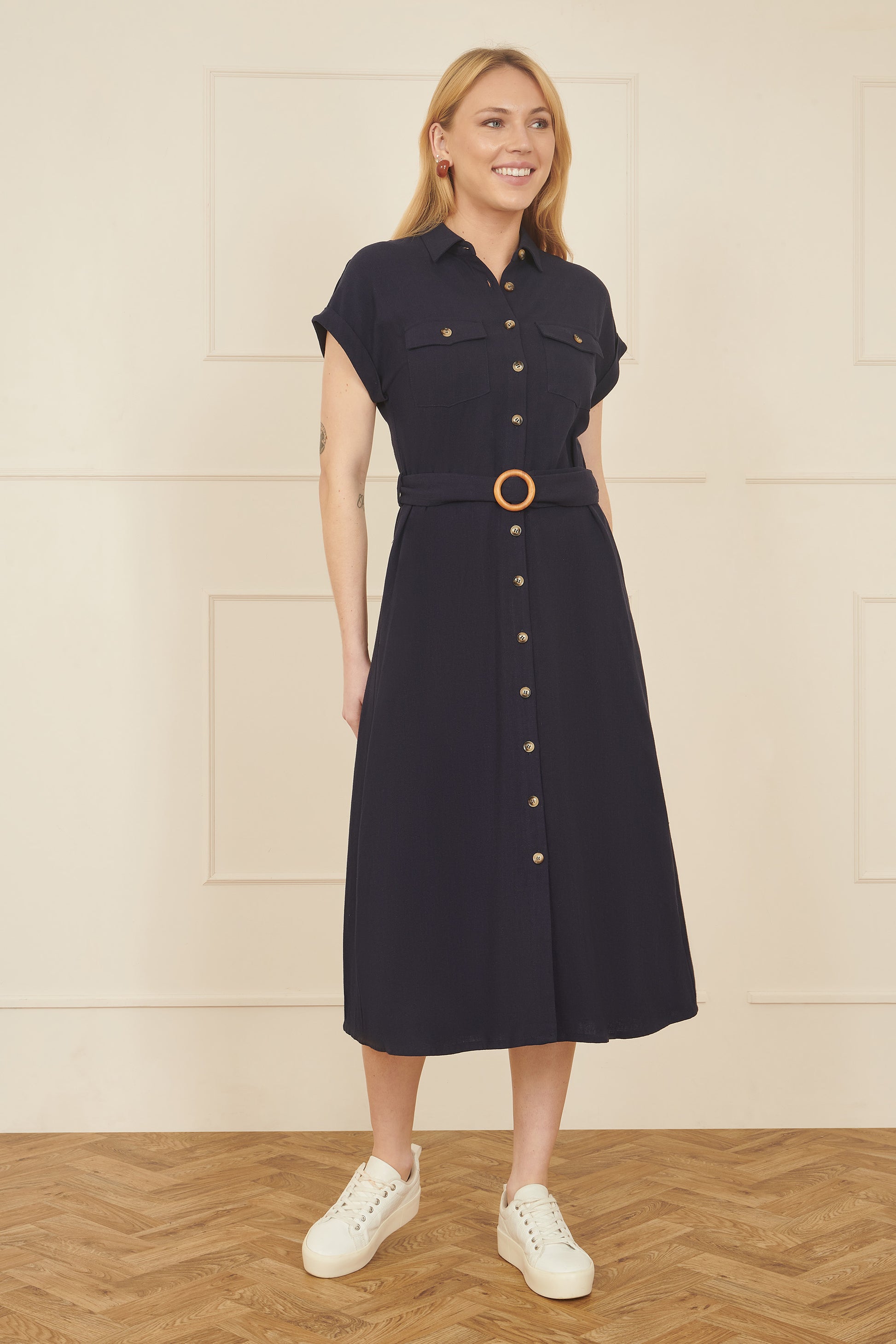 Yumi Navy Viscose Linen Look Midi Shirt Dress With Wooden Belt DRES Day Yumi