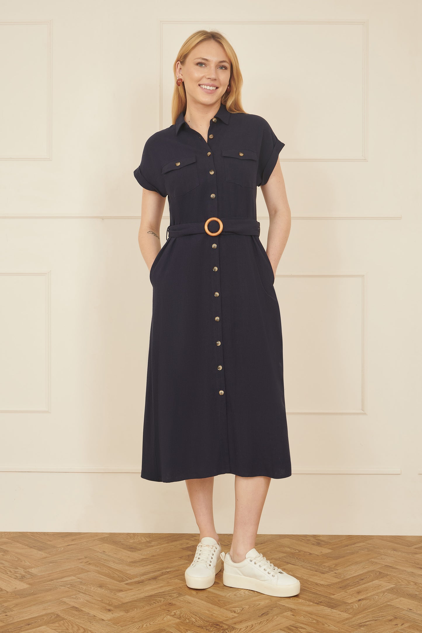 Yumi Navy Viscose Linen Look Midi Shirt Dress With Wooden Belt DRES Day Yumi