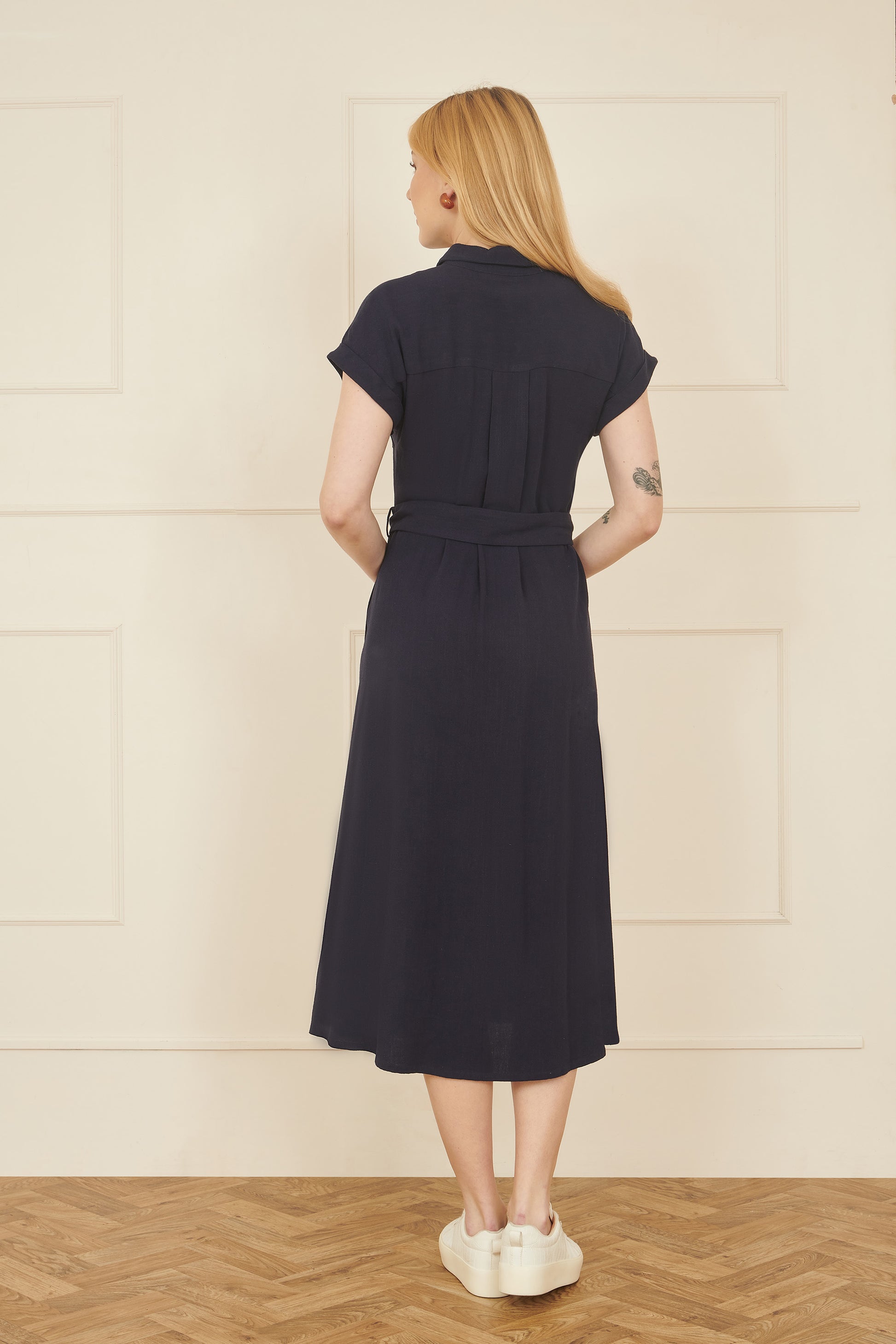 Yumi Navy Viscose Linen Look Midi Shirt Dress With Wooden Belt DRES Day Yumi