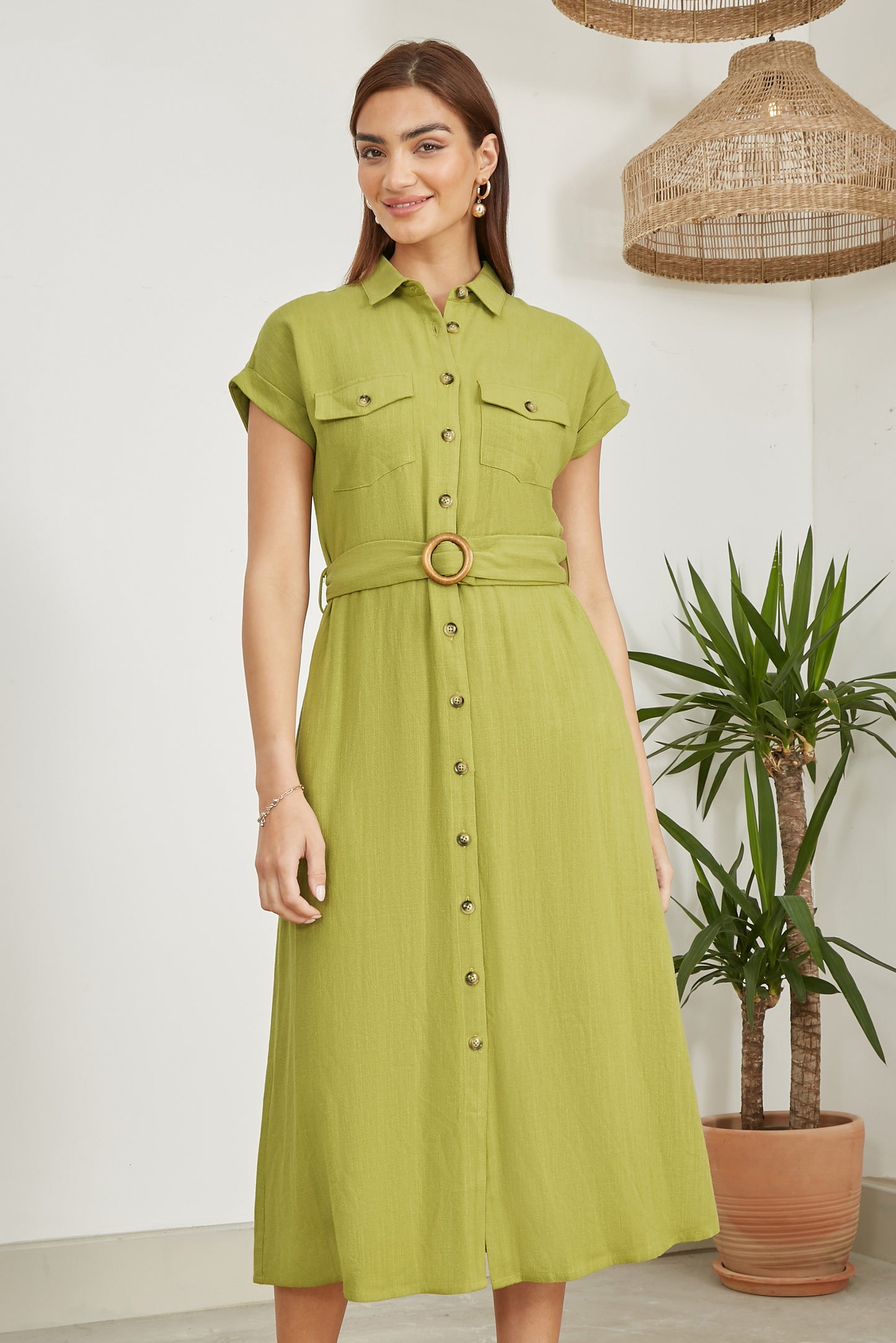 Yumi Green Viscose Linen Look Midi Shirt Dress With Wooden Belt DRES Day Yumi