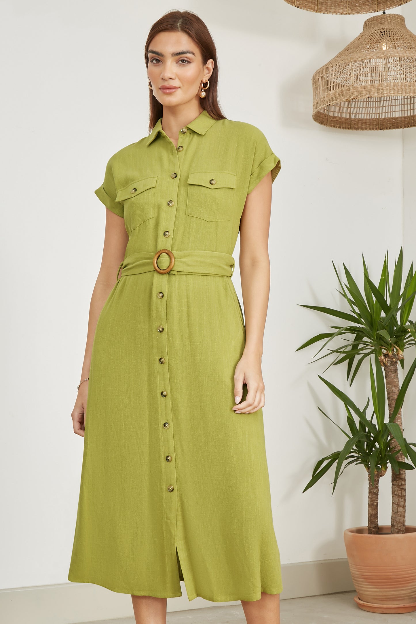 Yumi Green Viscose Linen Look Midi Shirt Dress With Wooden Belt DRES Day Yumi