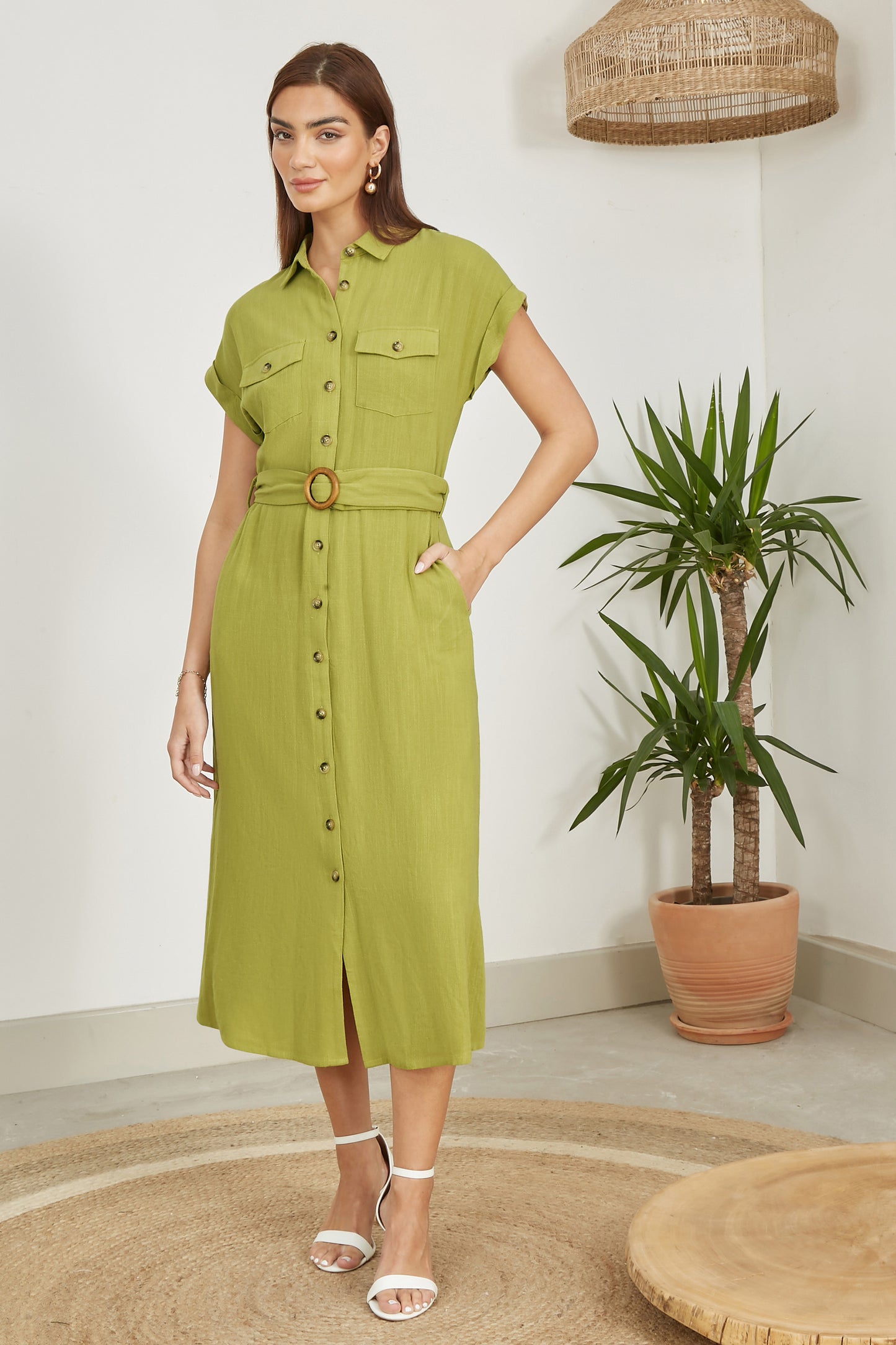 Yumi Green Viscose Linen Look Midi Shirt Dress With Wooden Belt DRES Day Yumi