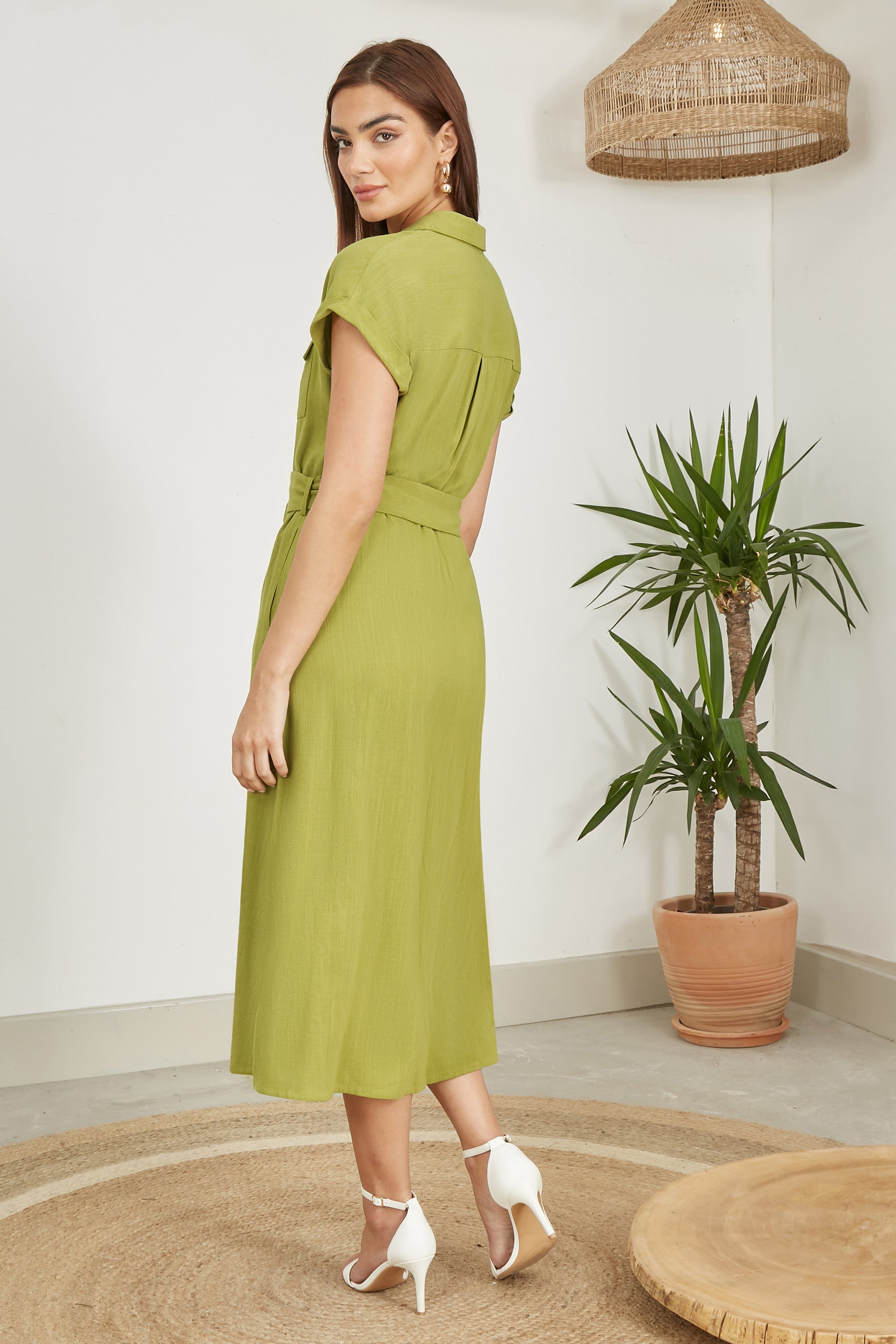 Yumi Green Viscose Linen Look Midi Shirt Dress With Wooden Belt DRES Day Yumi