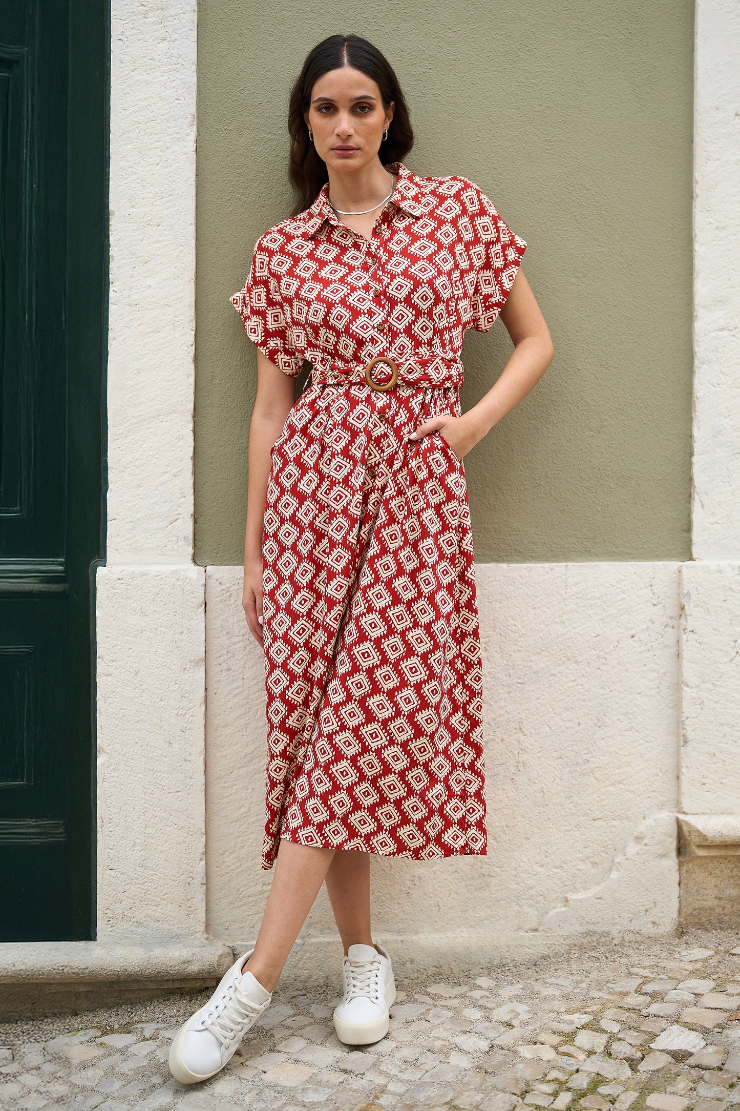 Yumi Red Viscose Midi Shirt Dress With Matching Belt DRES Day Yumi