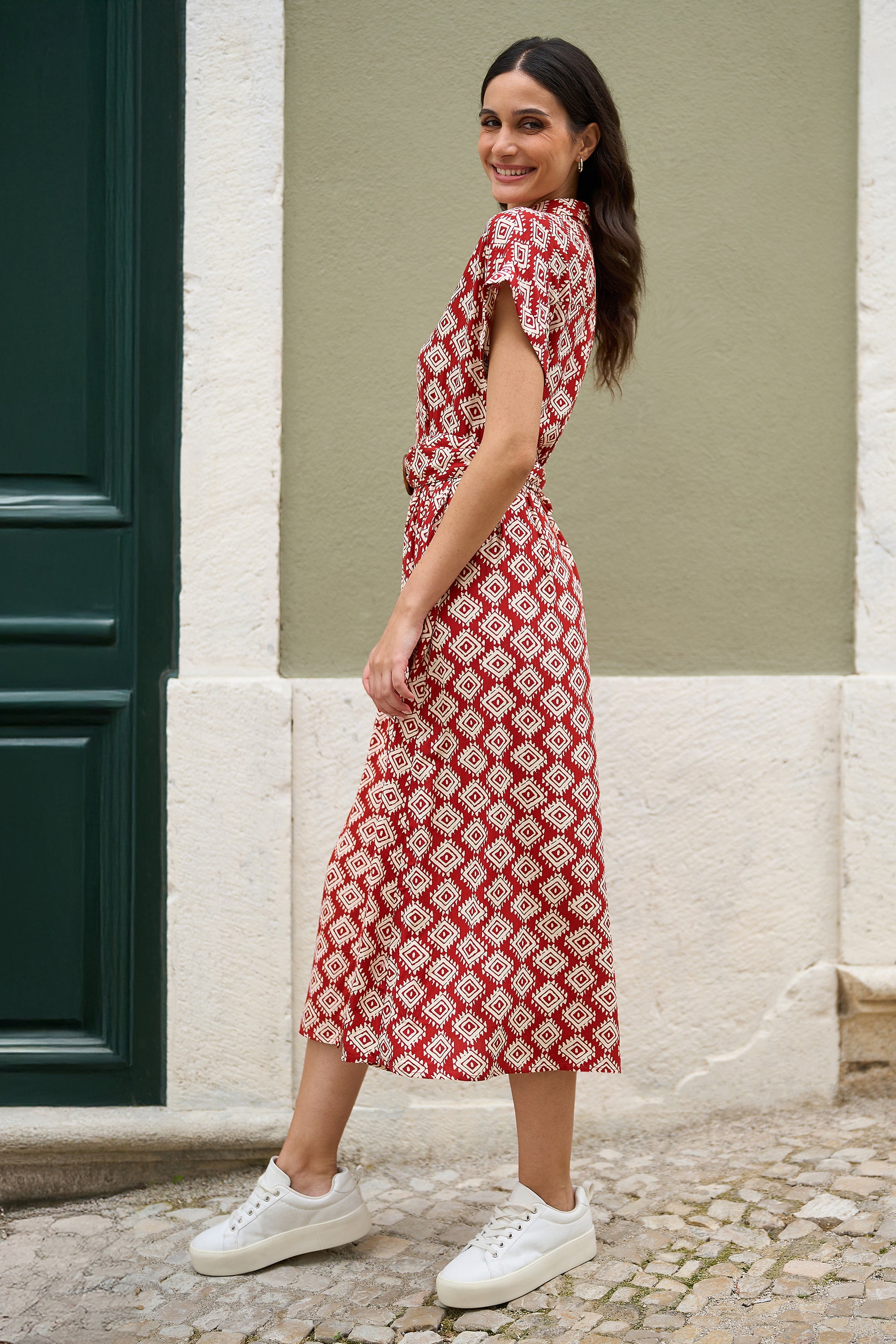 Yumi Red Viscose Midi Shirt Dress With Matching Belt DRES Day Yumi