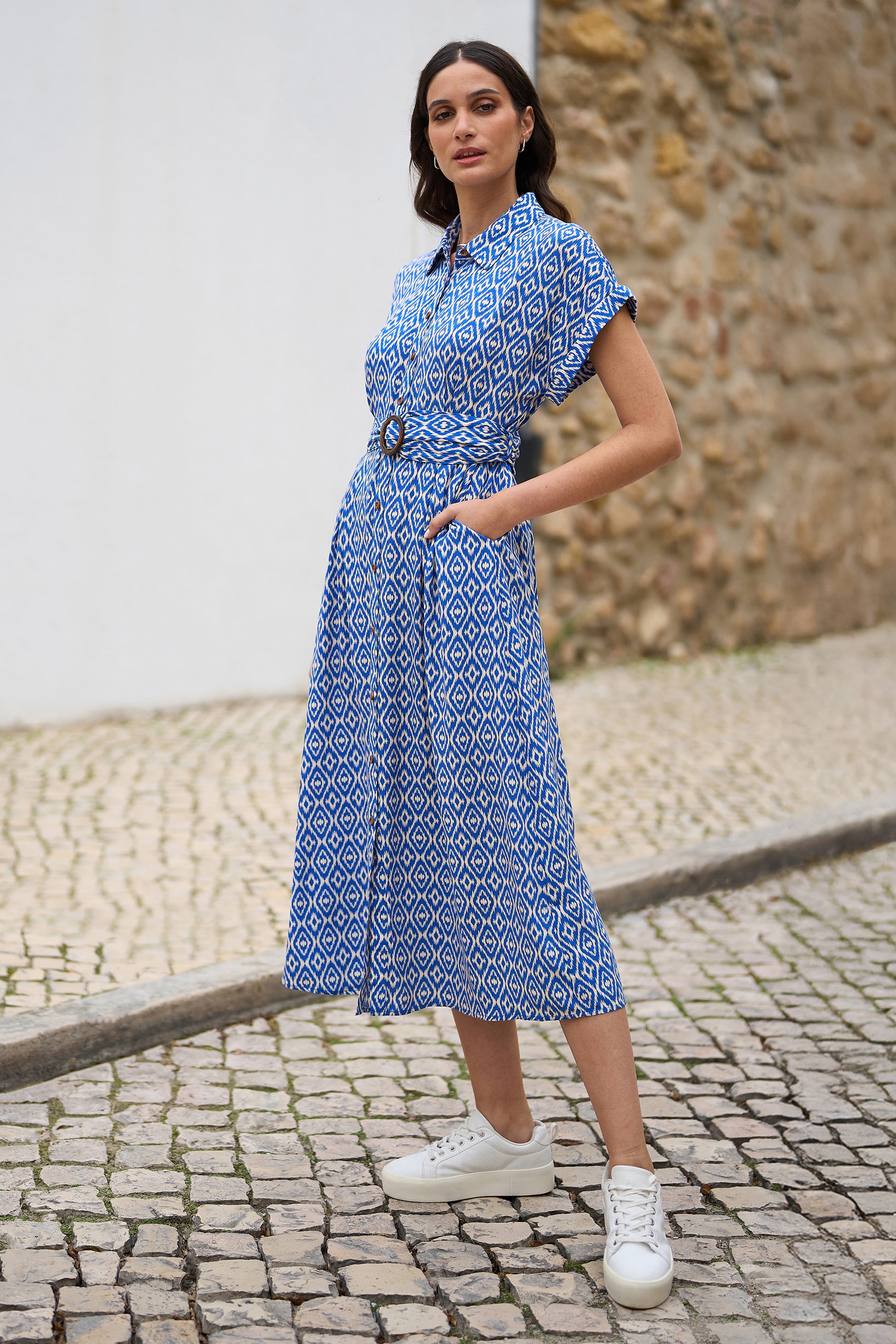 Yumi Blue Viscose Midi Shirt Dress With Matching Belt DRES Day Yumi