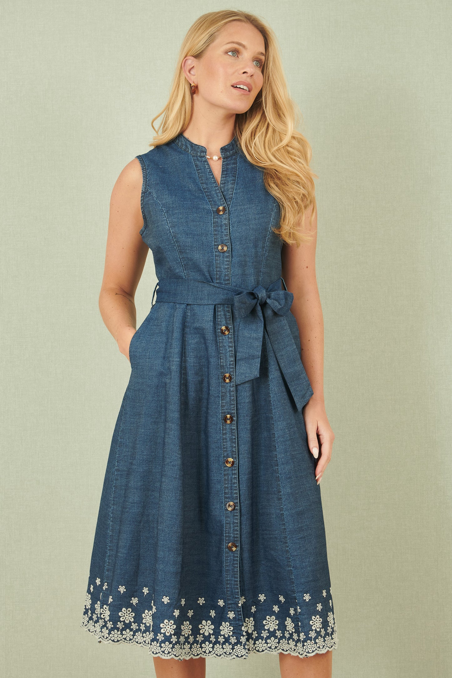 Yumi Blue Chambray Cotton Midi Embroidered Shirt Dress DRES Day Yumi