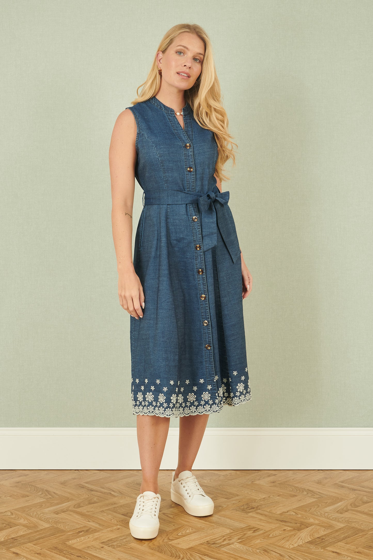 Yumi Blue Chambray Cotton Midi Embroidered Shirt Dress DRES Day Yumi