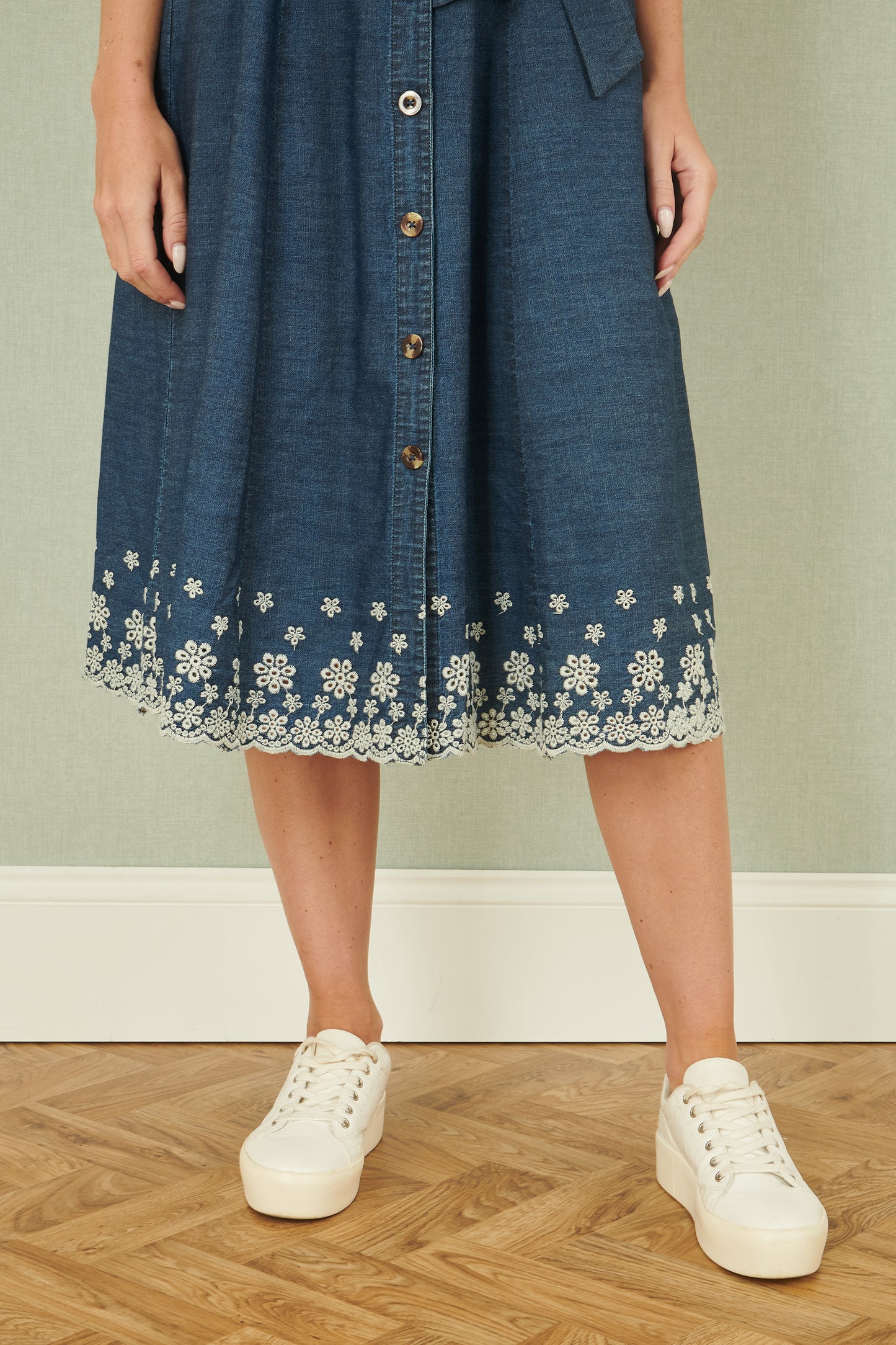 Yumi Blue Chambray Cotton Midi Embroidered Shirt Dress DRES Day Yumi