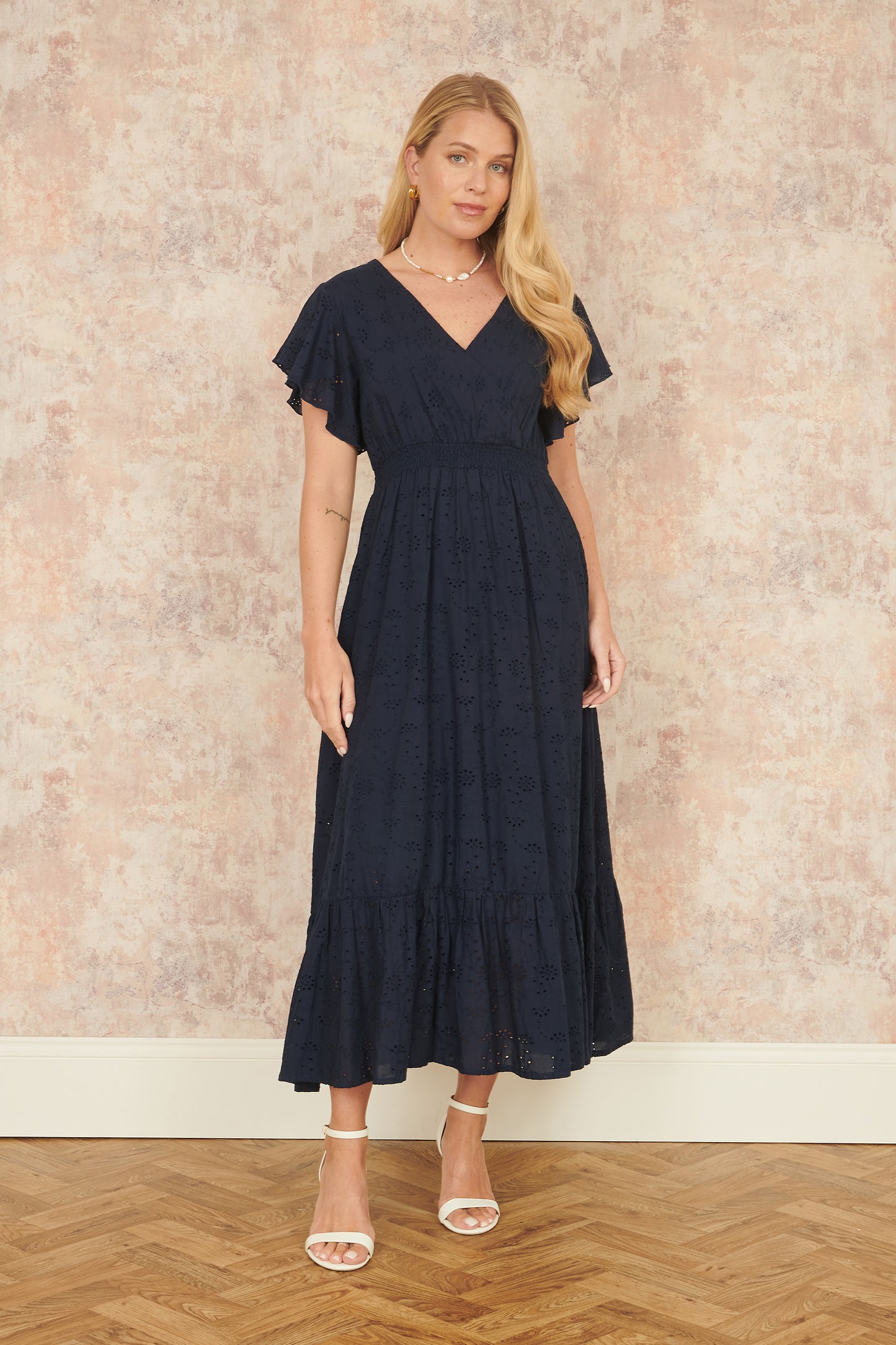 Yumi Navy Cotton Broderie Anglaise Wrap Midi Dress Occasionwear Yumi