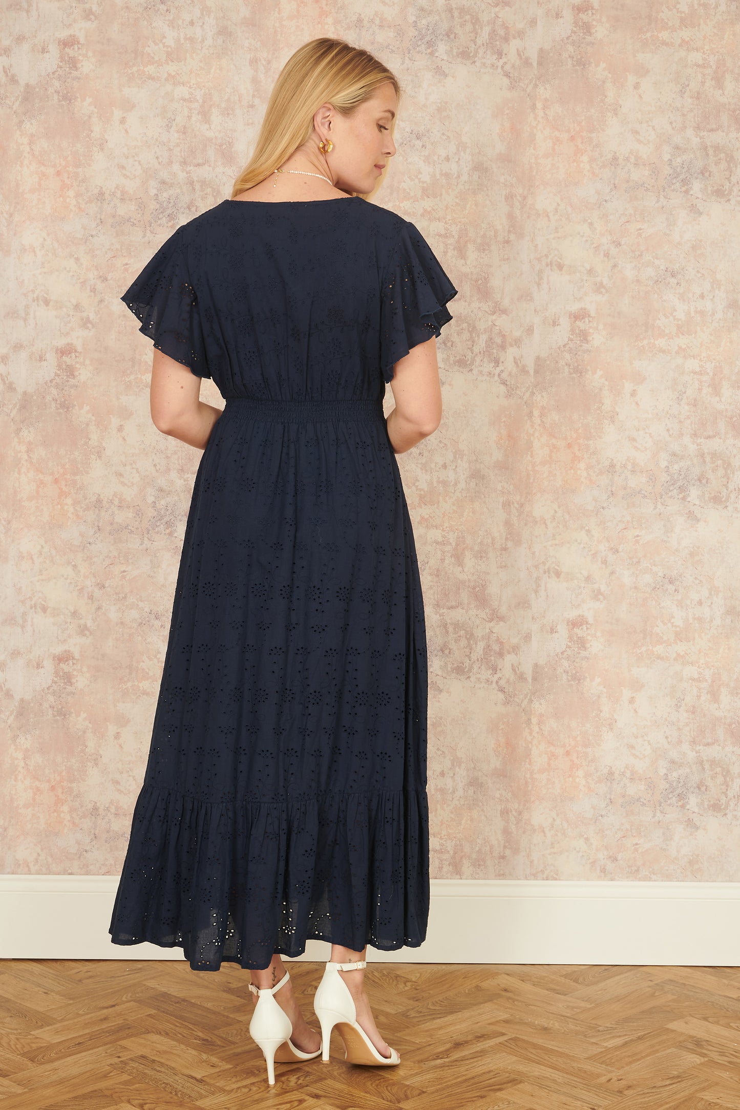 Yumi Navy Cotton Broderie Anglaise Wrap Midi Dress Occasionwear Yumi