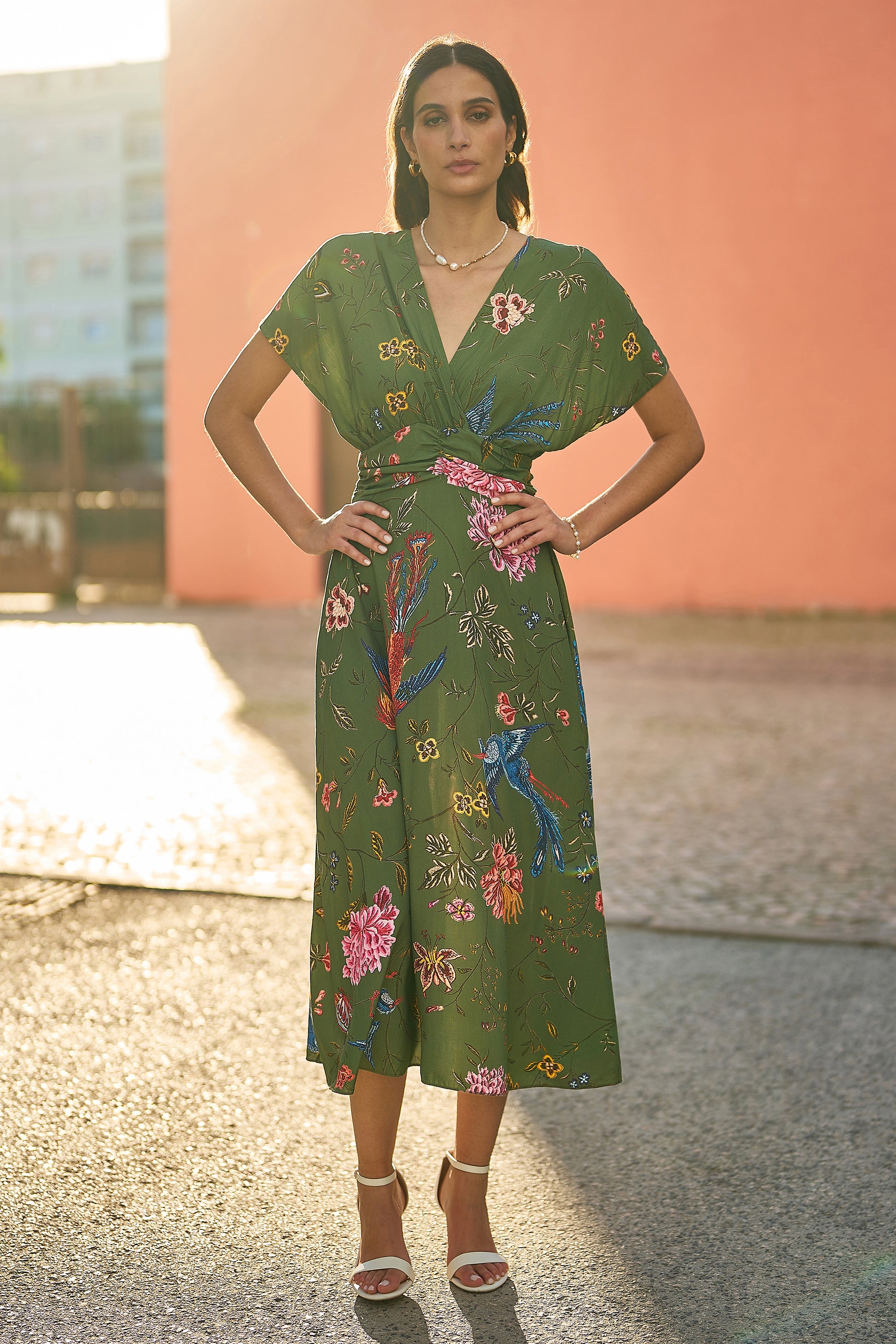 Yumi Green Bird and Floral Print Ruched Waist Kimono Midi Dress DRES Day Yumi