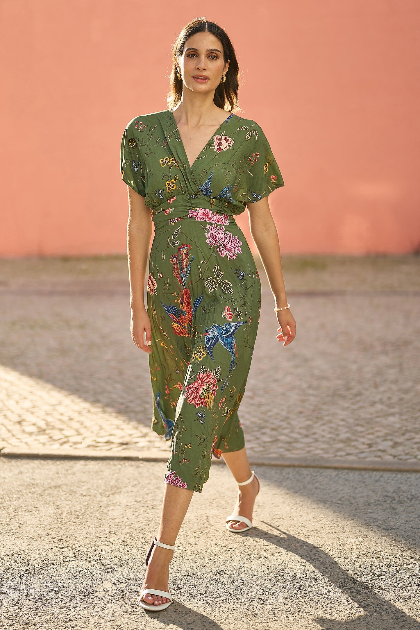 Yumi Green Bird and Floral Print Ruched Waist Kimono Midi Dress DRES Day Yumi