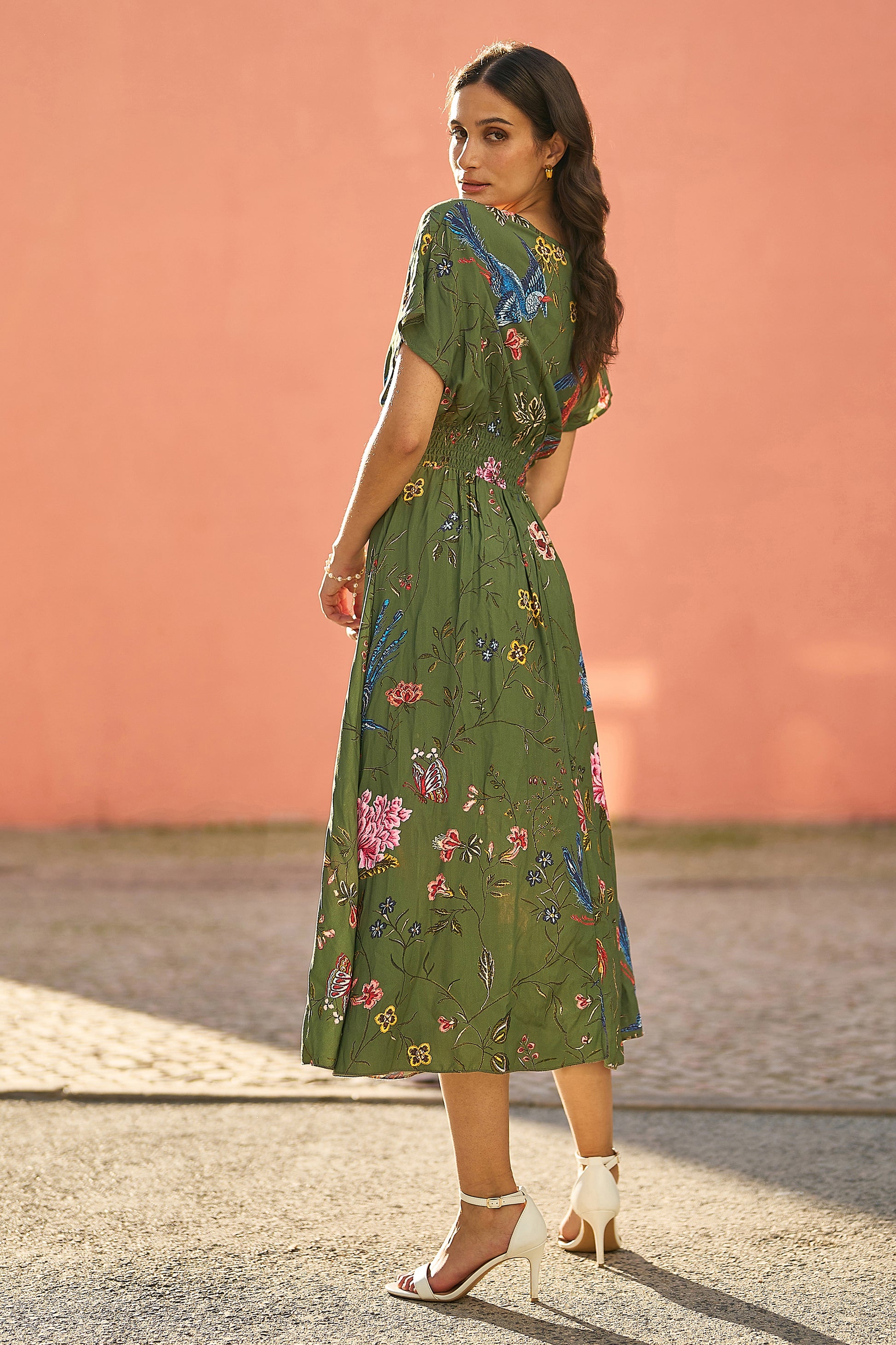 Yumi Green Bird and Floral Print Ruched Waist Kimono Midi Dress DRES Day Yumi