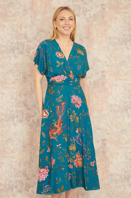 Yumi Teal Bird and Floral Print Ruched Waist Kimono Midi Dress DRES Day Yumi