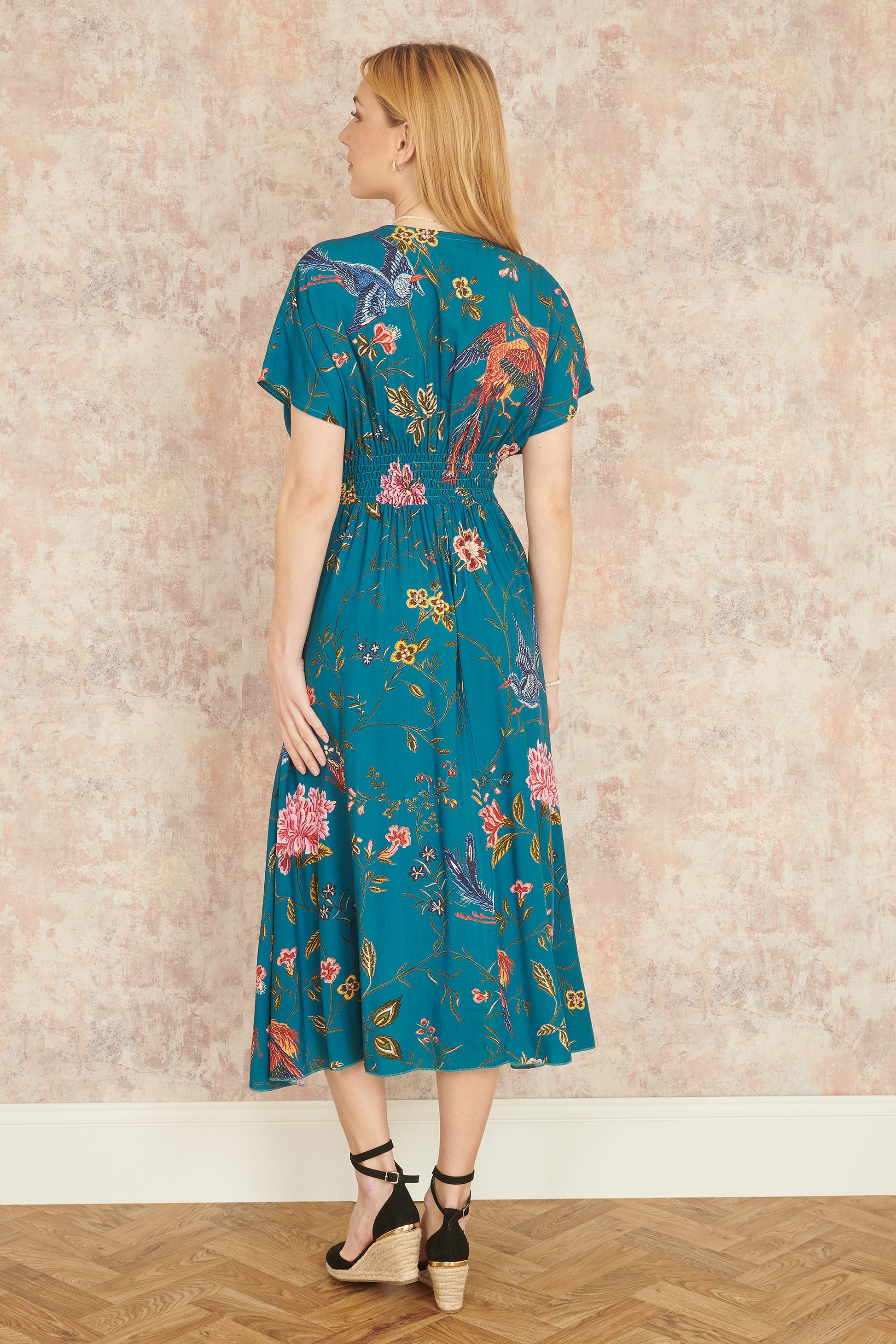 Yumi Green Bird and Floral Print Ruched Waist Kimono Midi Dress DRES Day Yumi