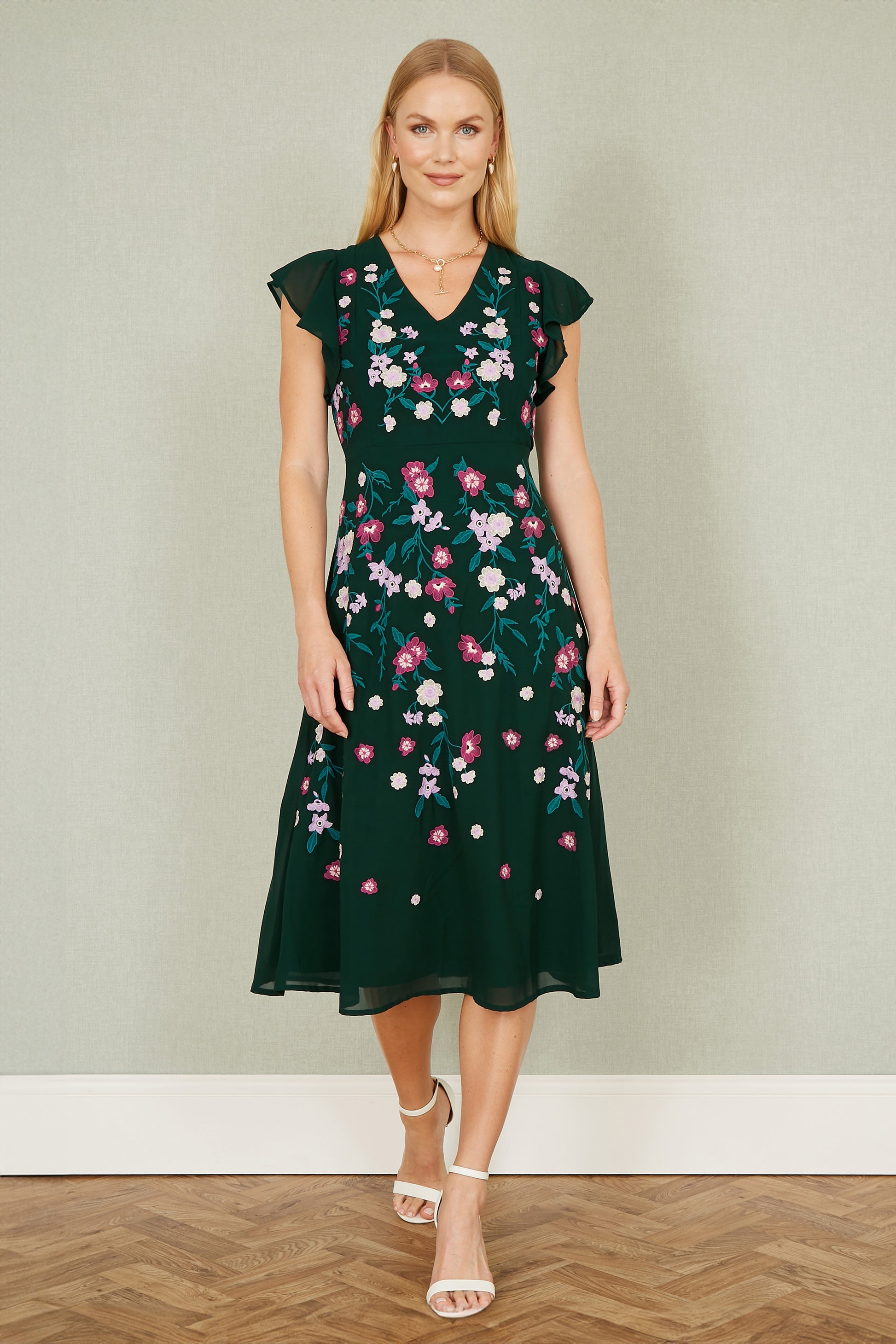 Yumi Green All Over Floral Embroidery Midi Skater Dress Occasionwear Yumi