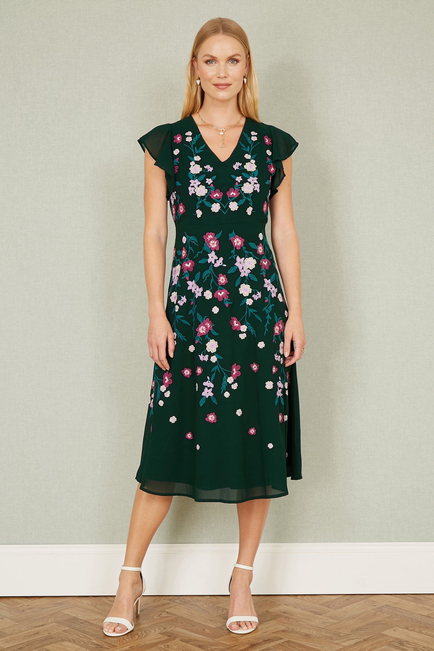 Yumi Green All Over Floral Embroidery Midi Skater Dress Occasionwear Yumi