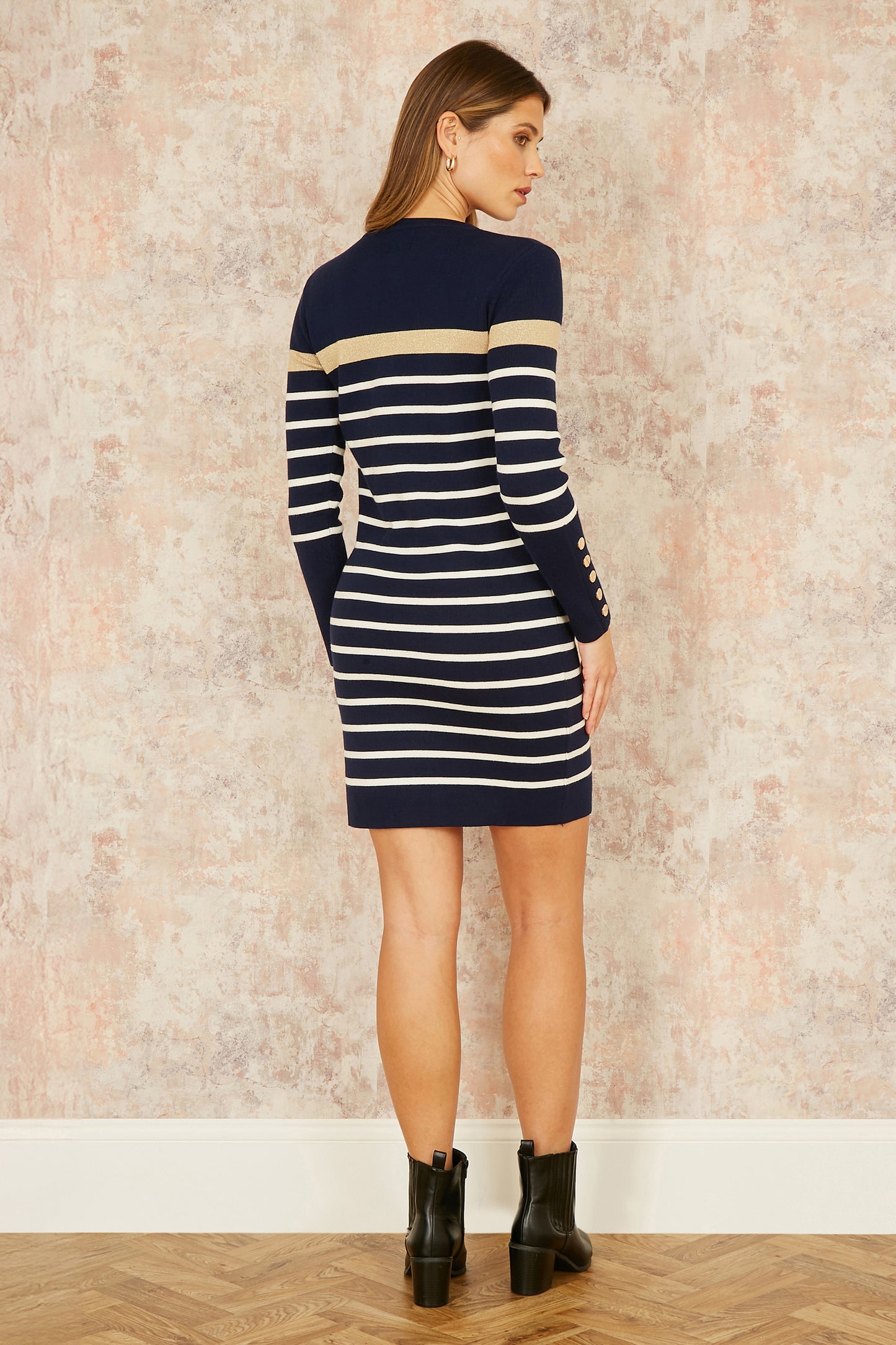 Yumi Navy Striped Knitted Dress With Button Cuff Detail KNIT Dress Yumi