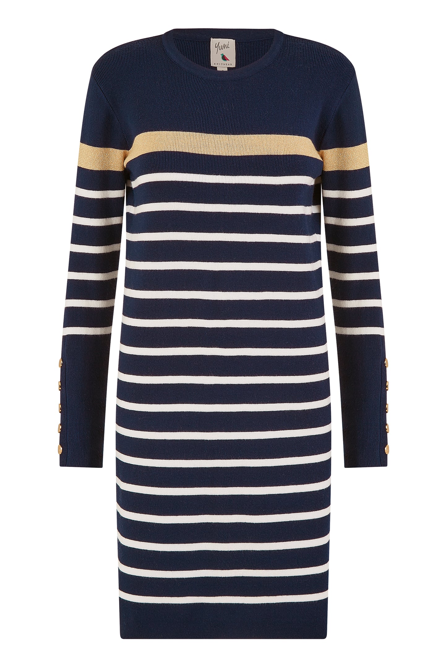 Yumi Navy Striped Knitted Dress With Button Cuff Detail KNIT Dress Yumi