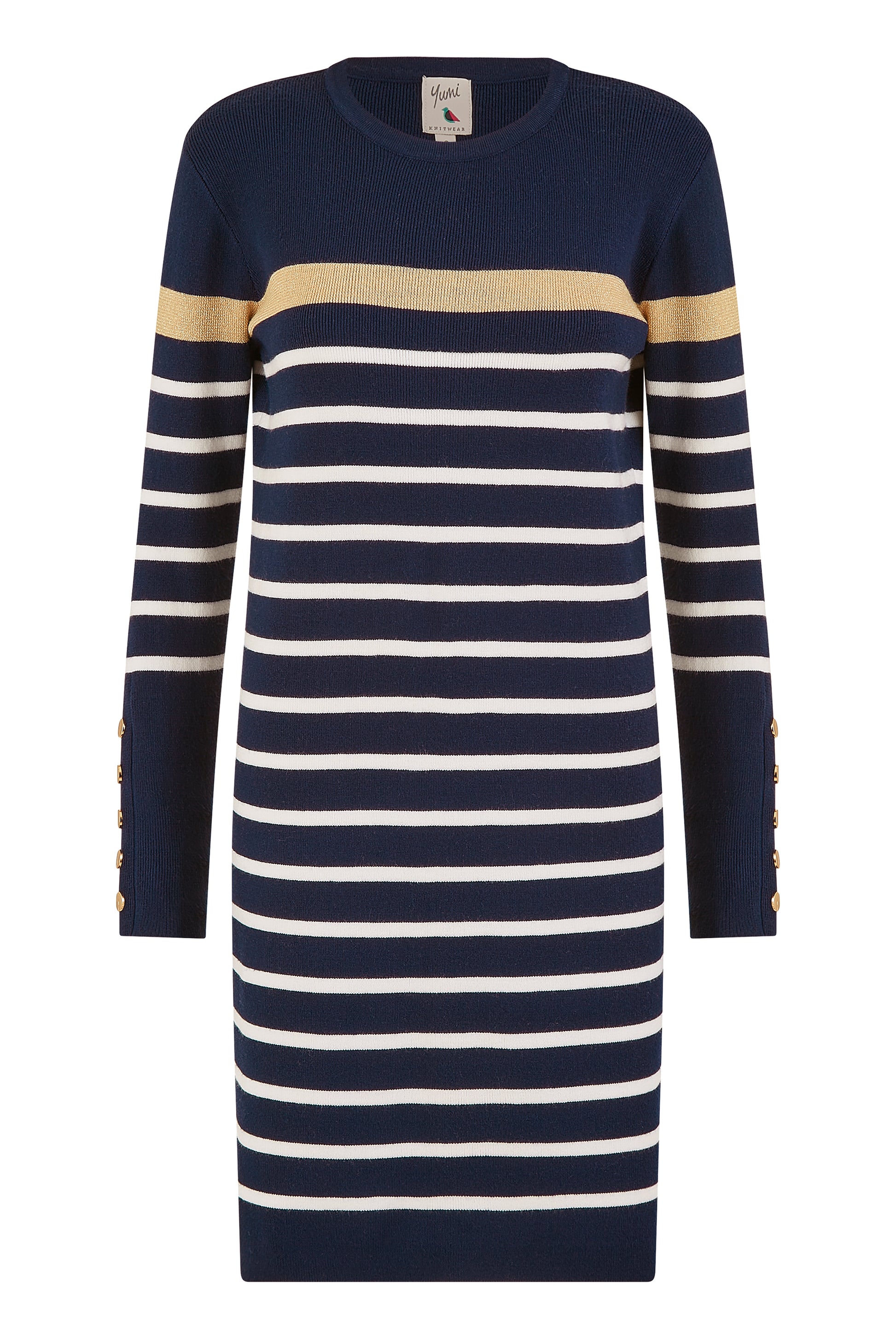 Yumi Navy Striped Knitted Dress With Button Cuff Detail KNIT Dress Yumi