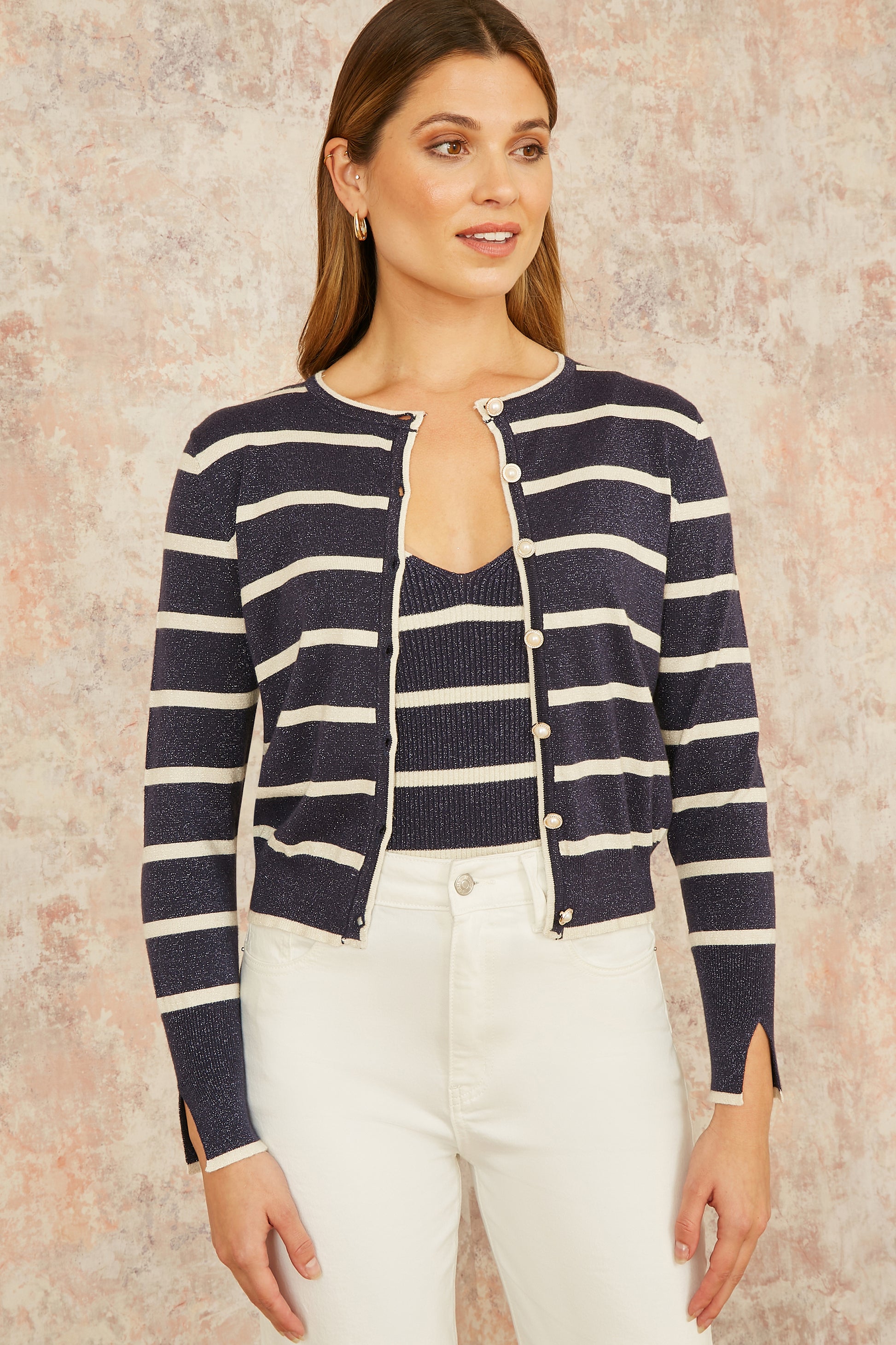 Yumi Navy Striped Sparkle Knitted Cardigan KNIT Cardi Yumi