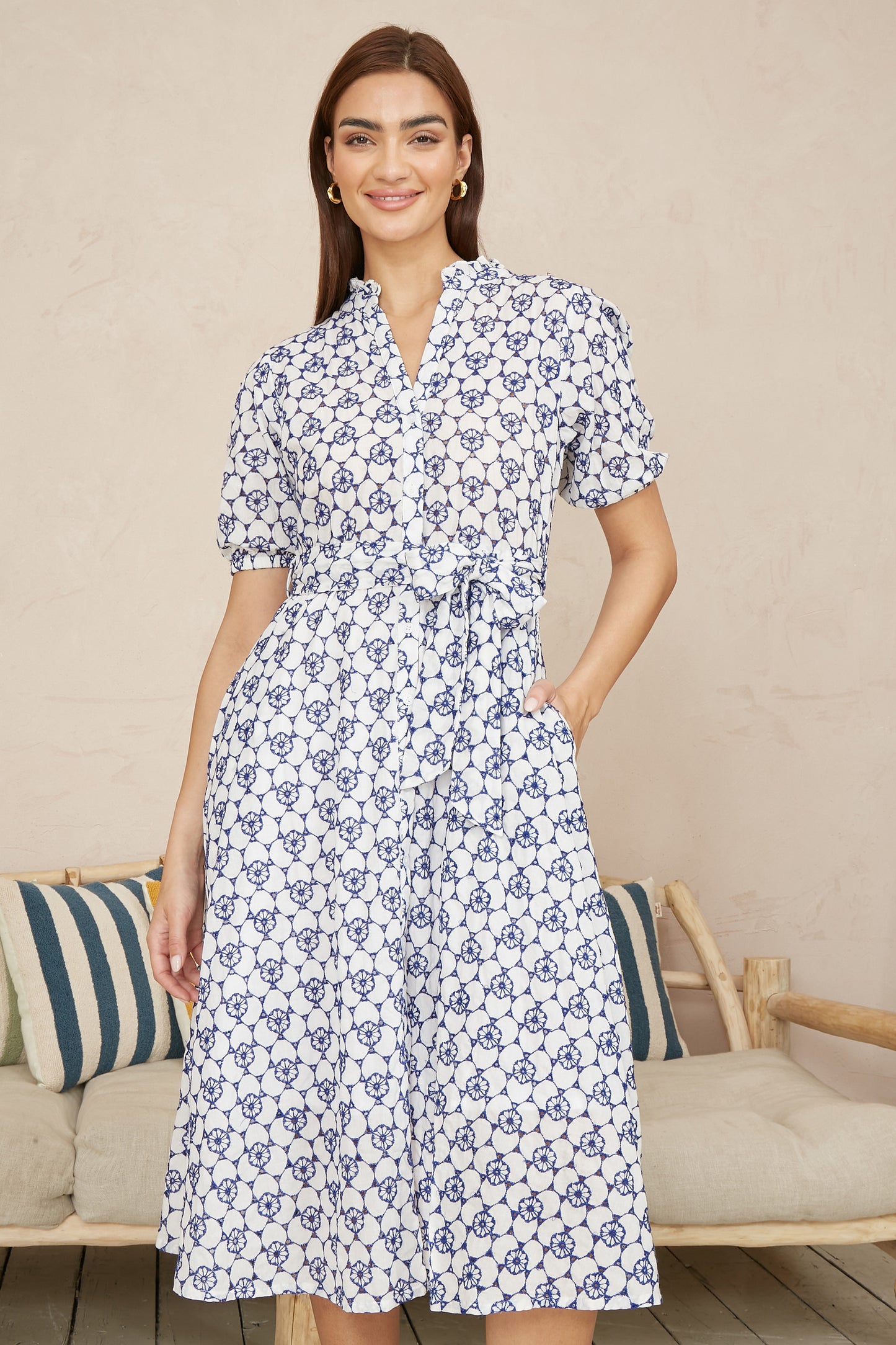 Yumi White and Blue Cotton Broderie Anglaise Midi Shirt Dress DRES Day Yumi