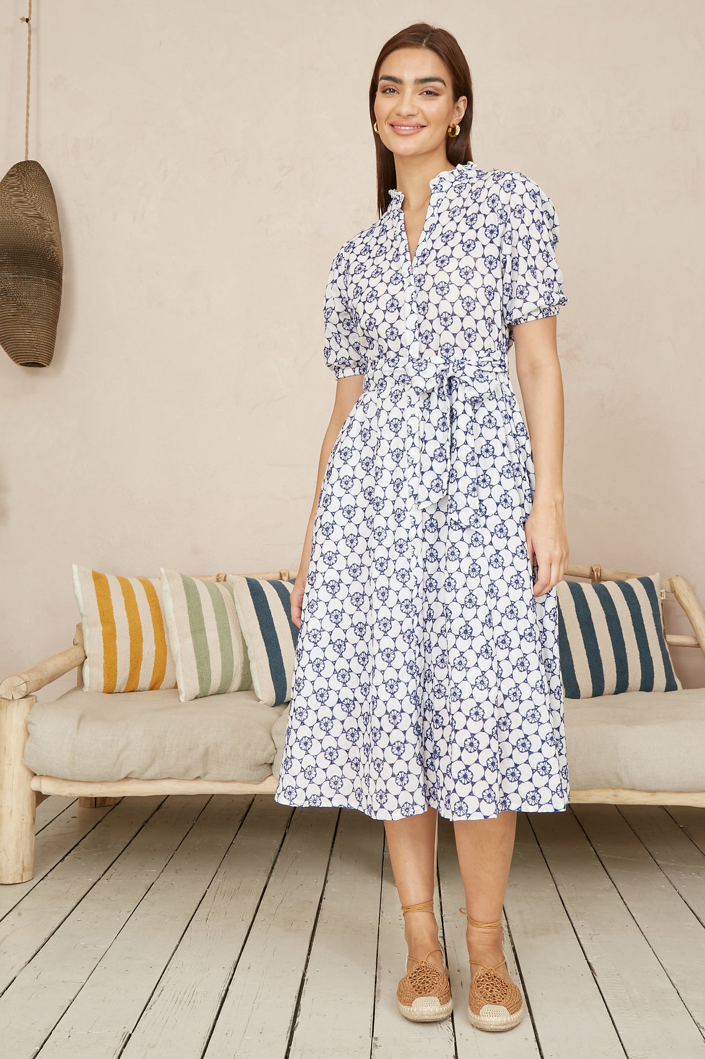 Yumi White and Blue Cotton Broderie Anglaise Midi Shirt Dress DRES Day Yumi